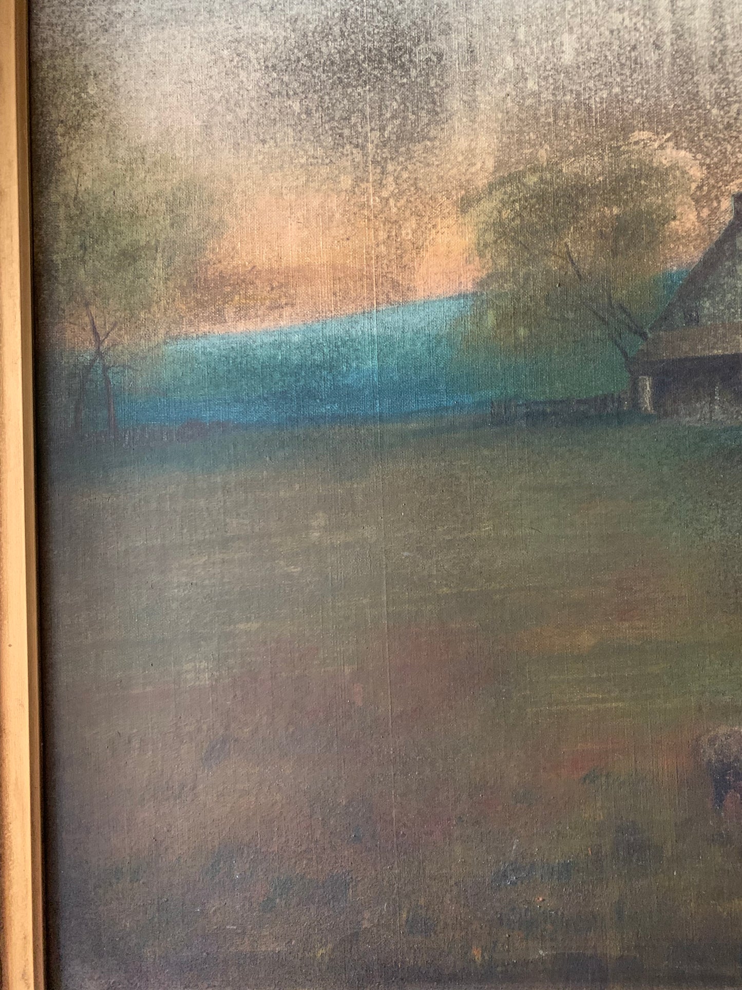 Antique large landscape oil painting on canvas| dog & sheep in pasture