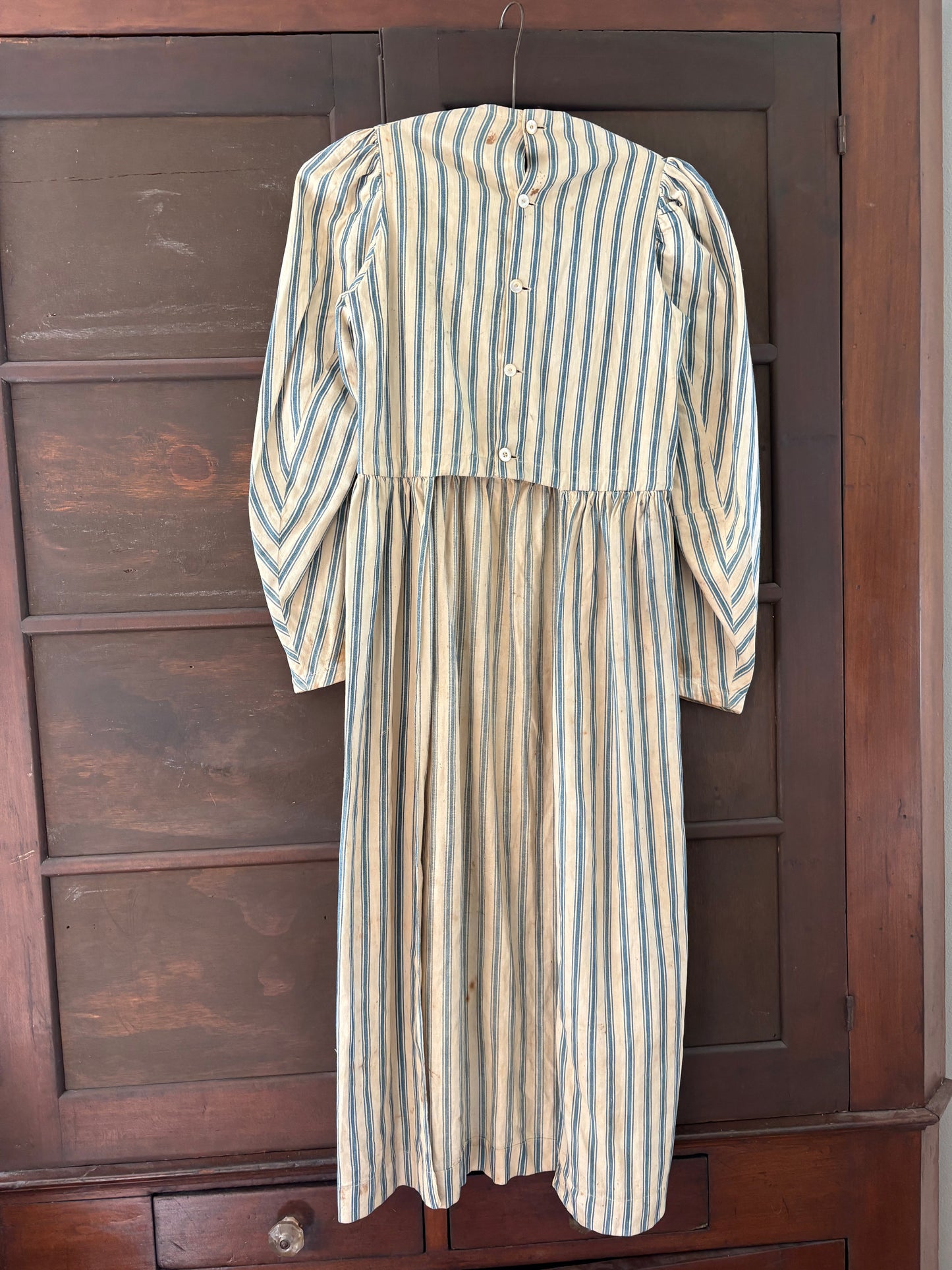 Antique primitive dress apron | blue stripe ticking