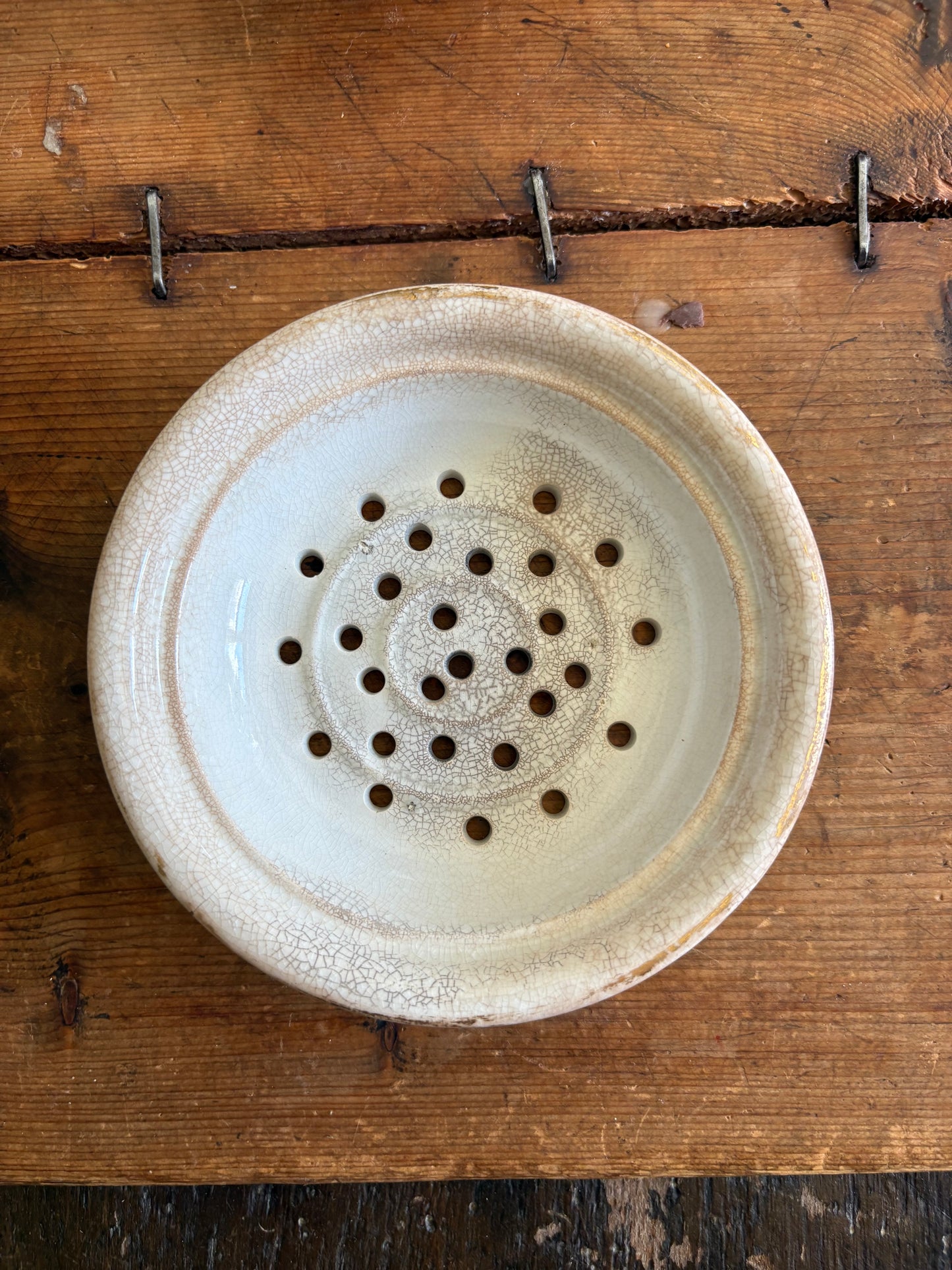 Antique ironstone dairy soap strainer