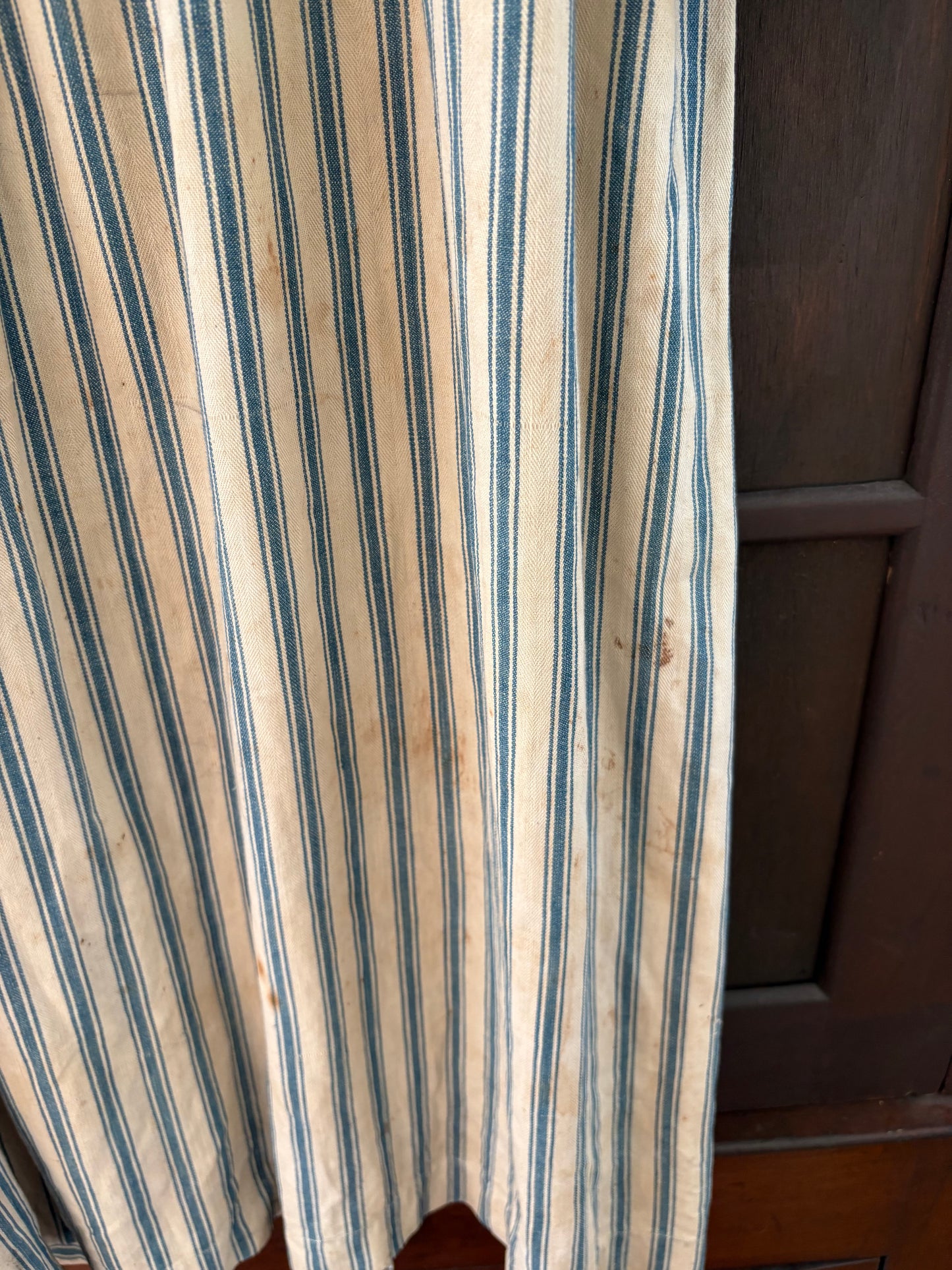 Antique primitive dress apron | blue stripe ticking