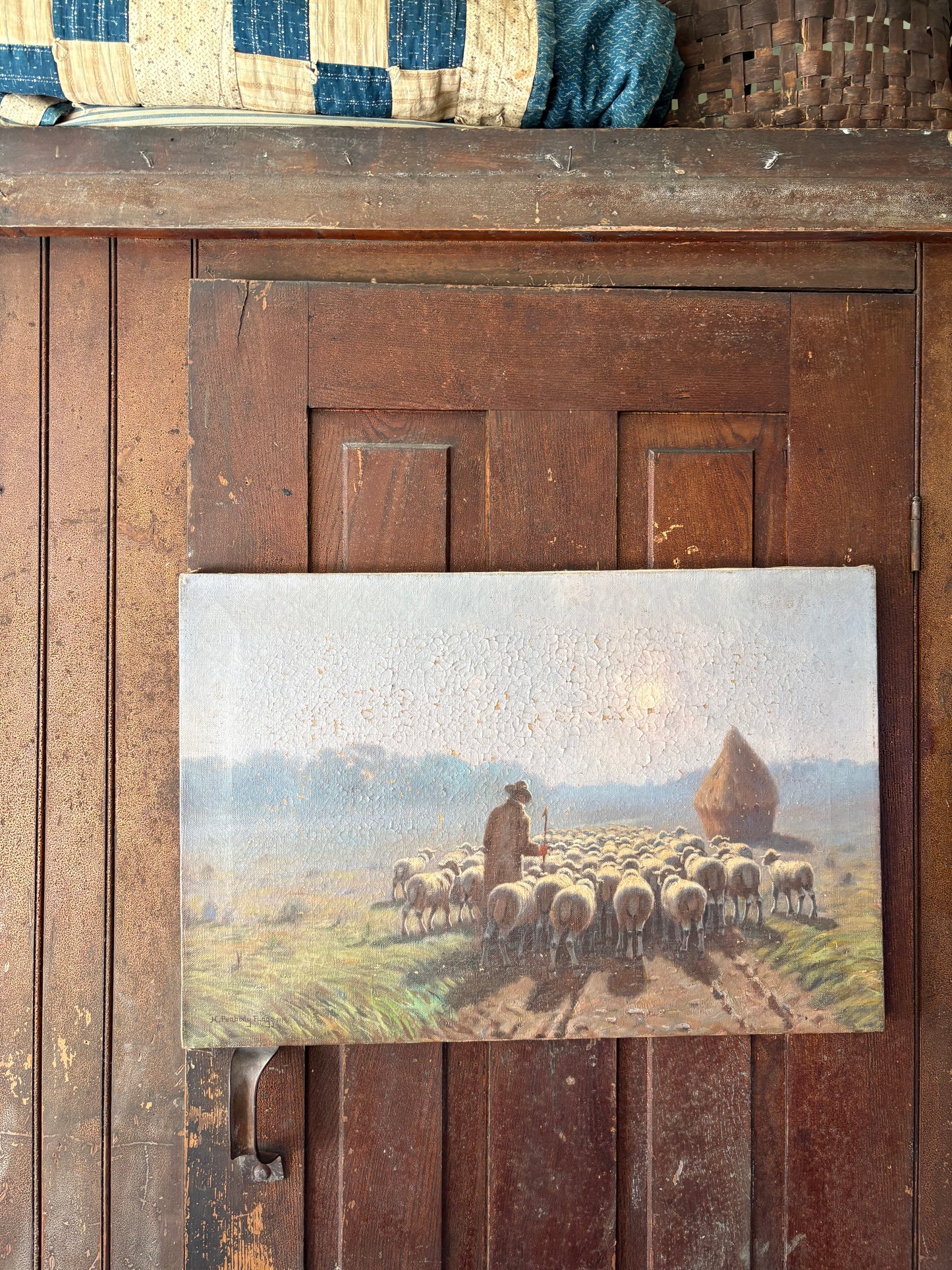 Antique signed 1919 sheep painting