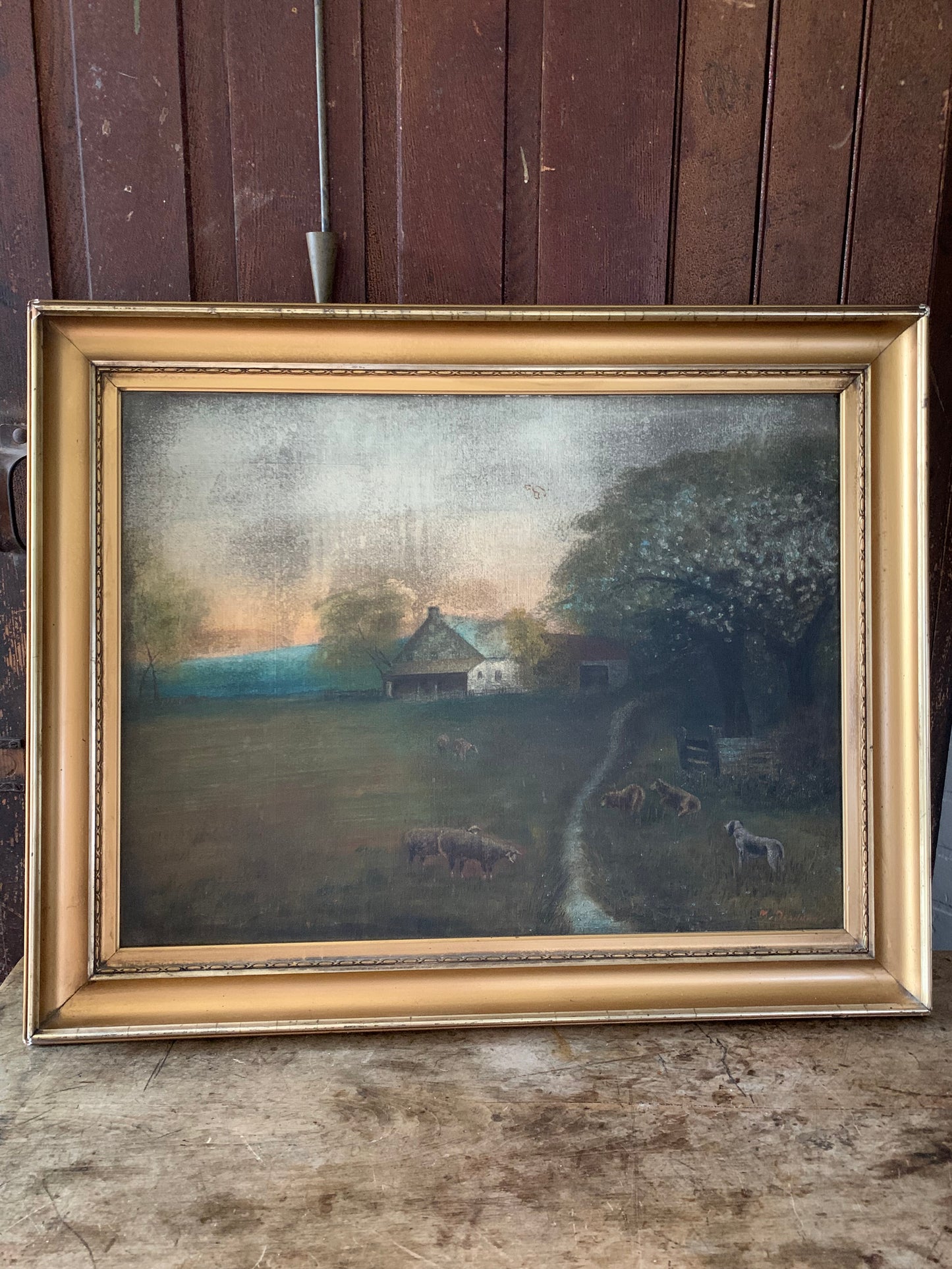 Antique large landscape oil painting on canvas| dog & sheep in pasture