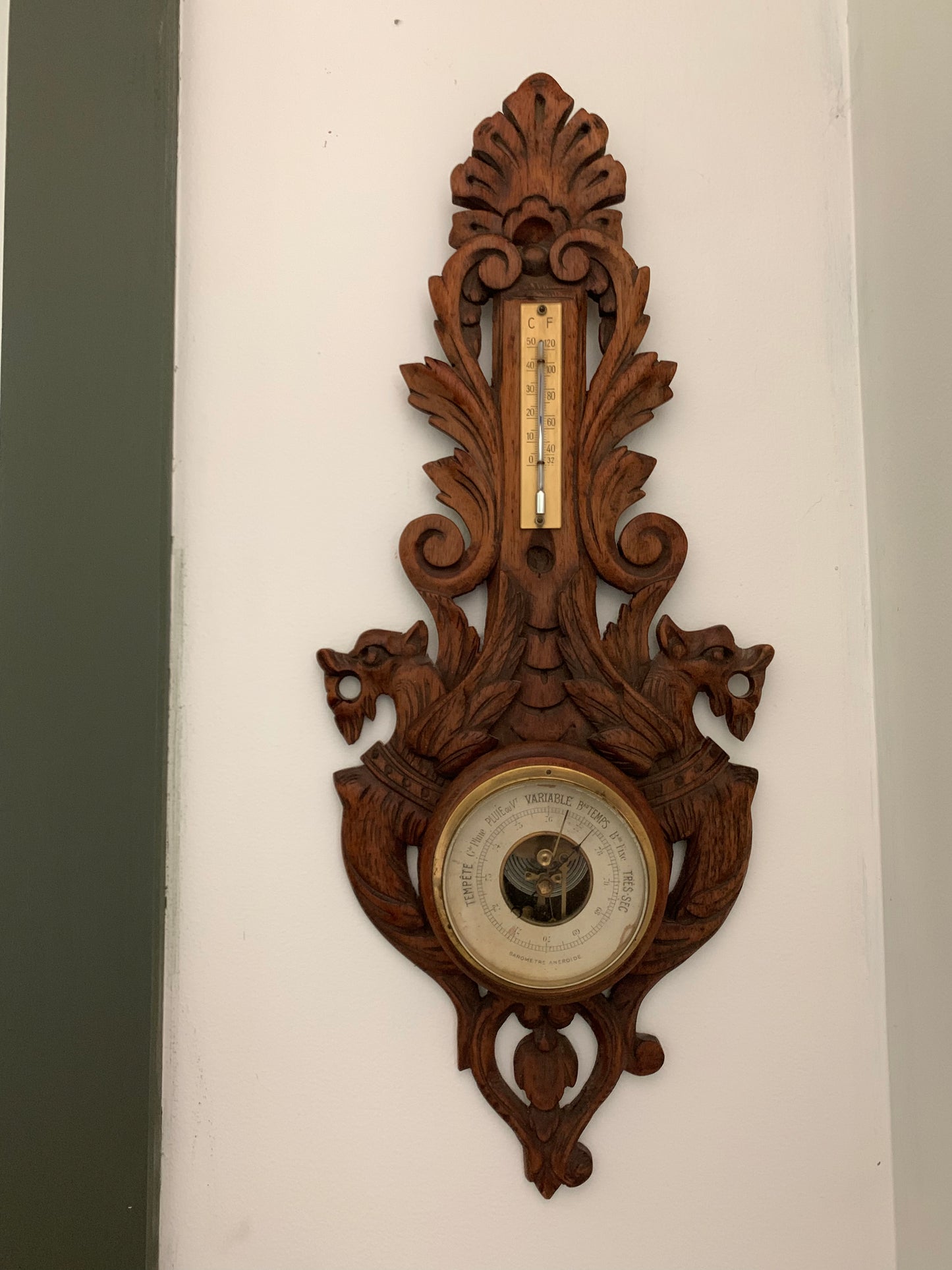 Antique French hand carved wood barometer