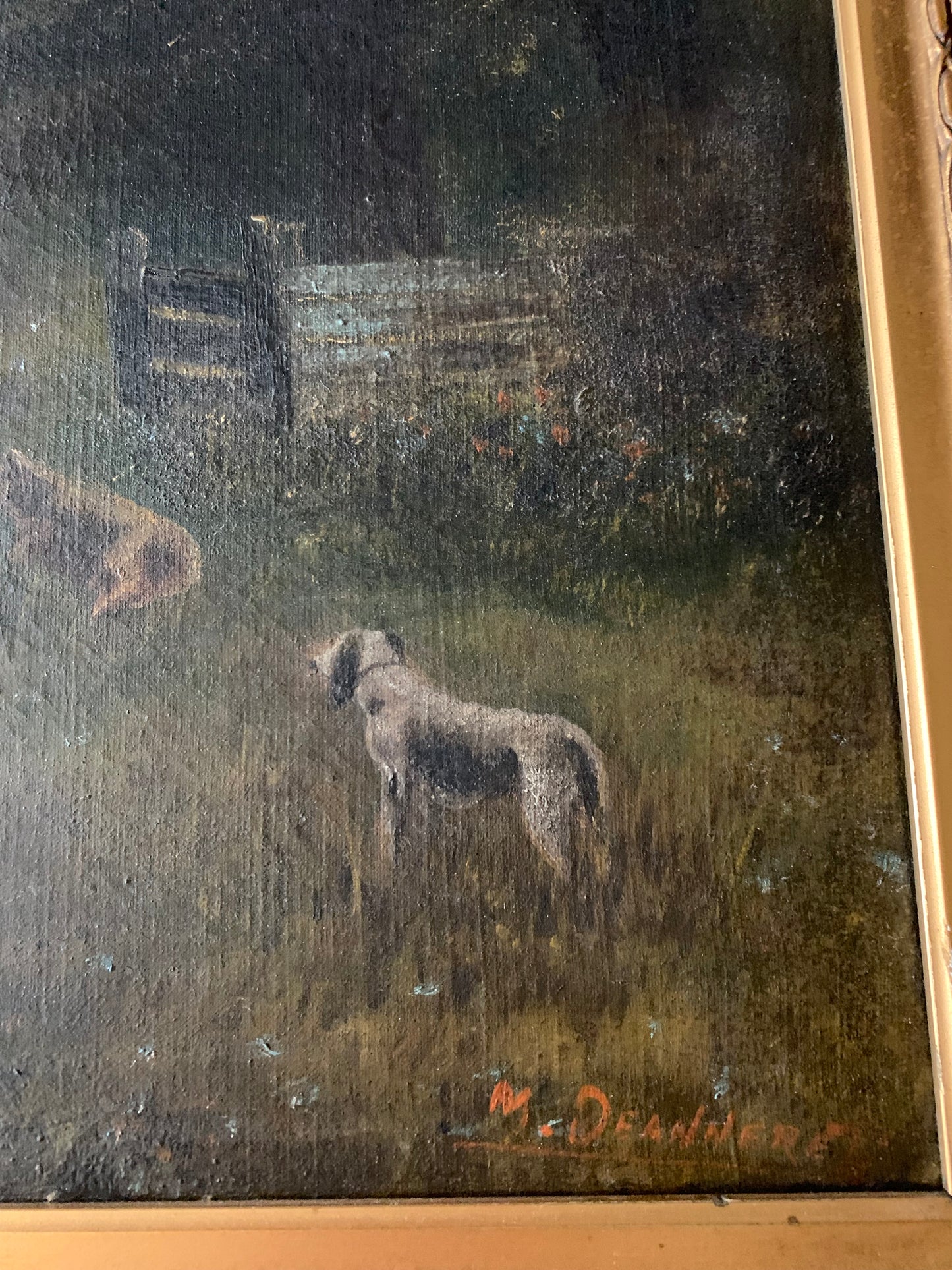 Antique large landscape oil painting on canvas| dog & sheep in pasture