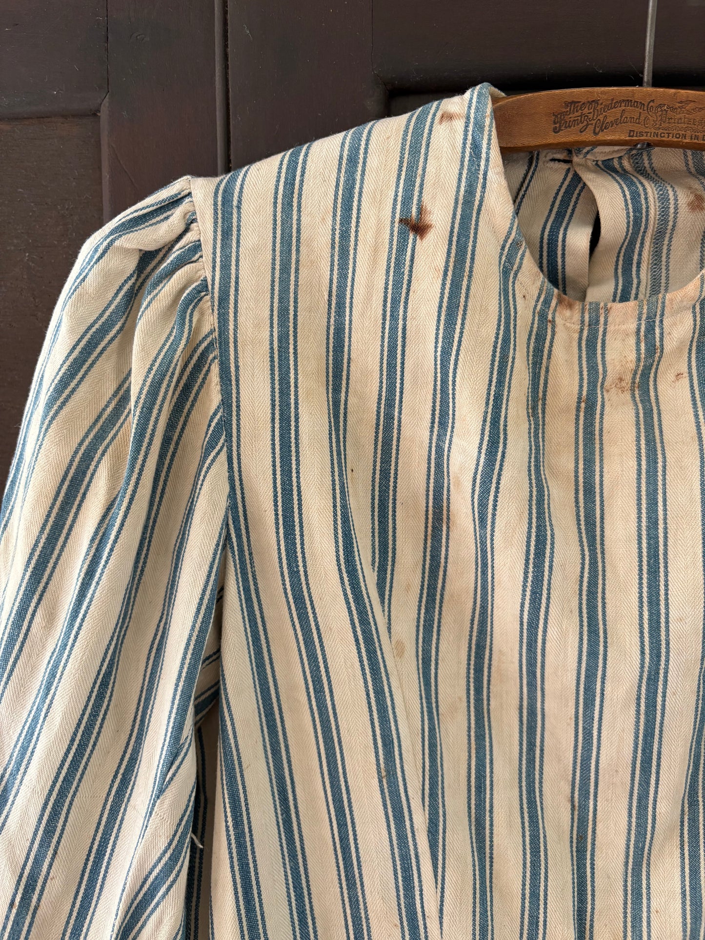 Antique primitive dress apron | blue stripe ticking