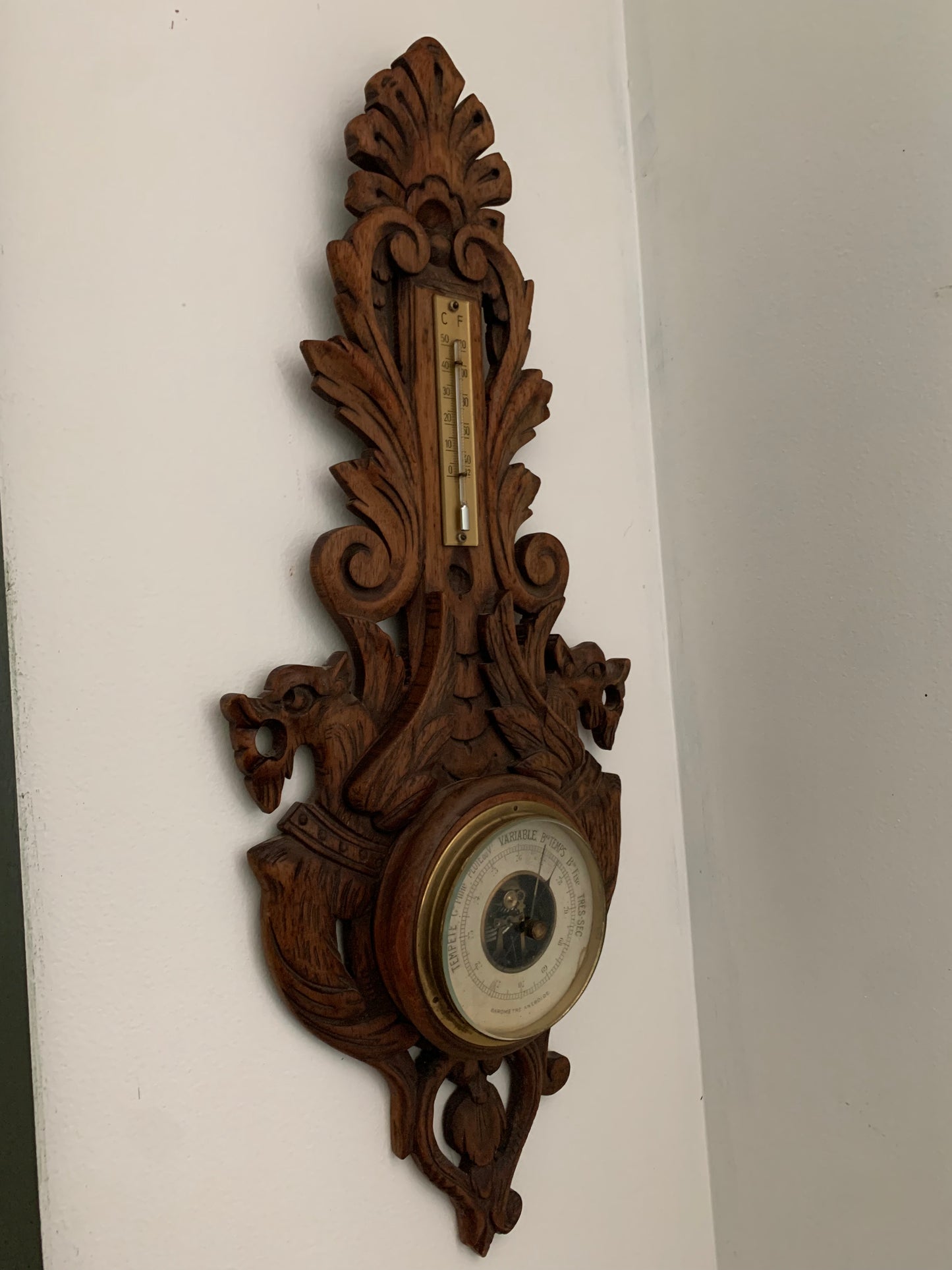 Antique French hand carved wood barometer