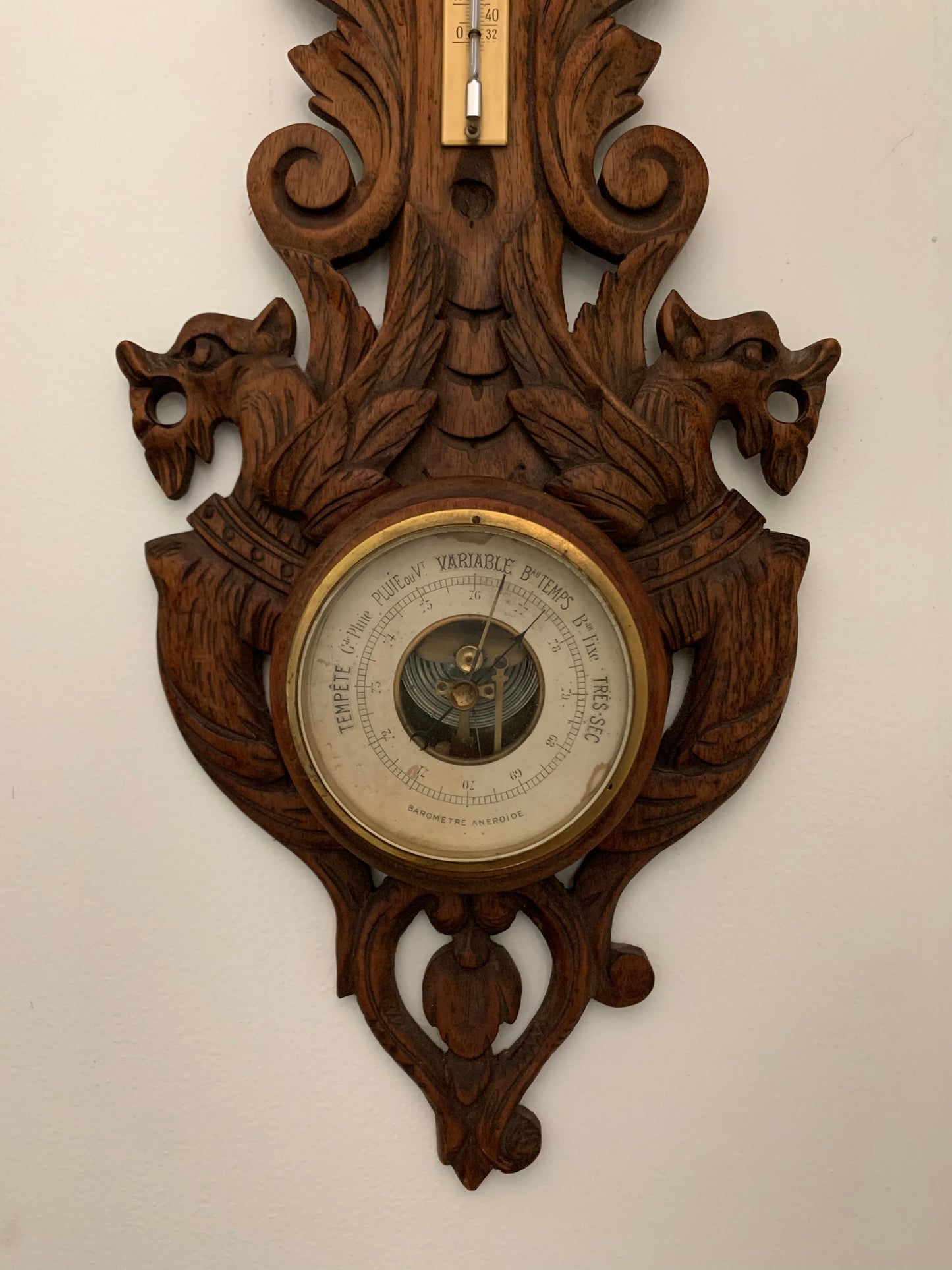 Antique French hand carved wood barometer