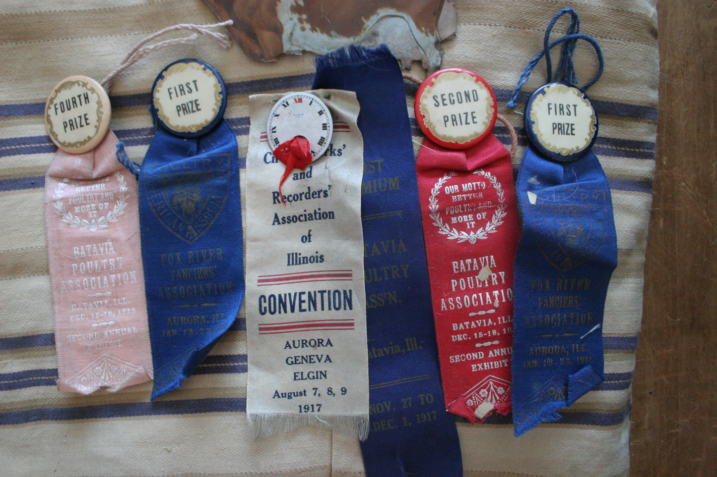 Antique fair poultry ribbons & metal cow
