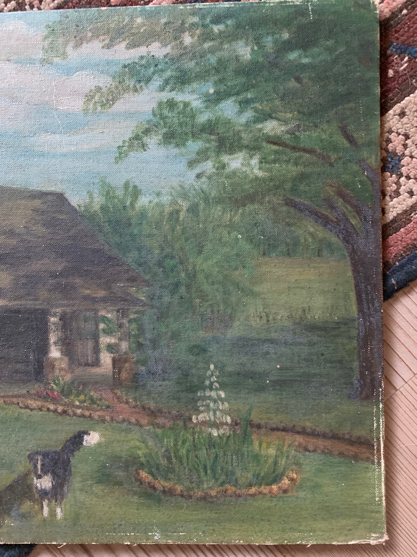 Vintage rural landscape oil painting on board of home and dog