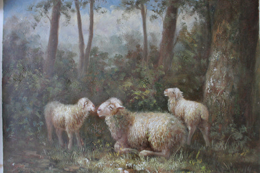 Vintage oil sheep painting on canvas