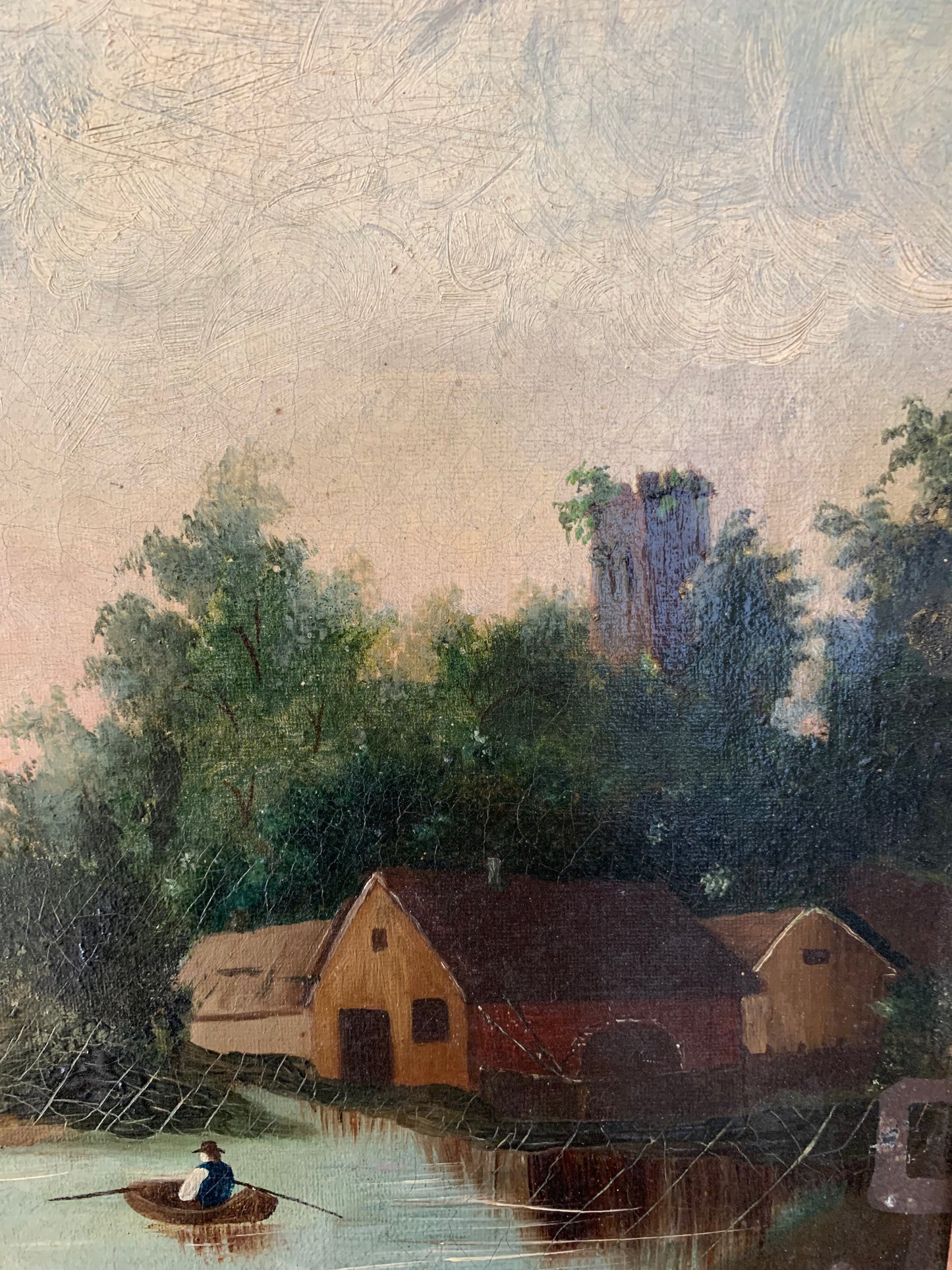 Large antique landscape painting on canvas in frame