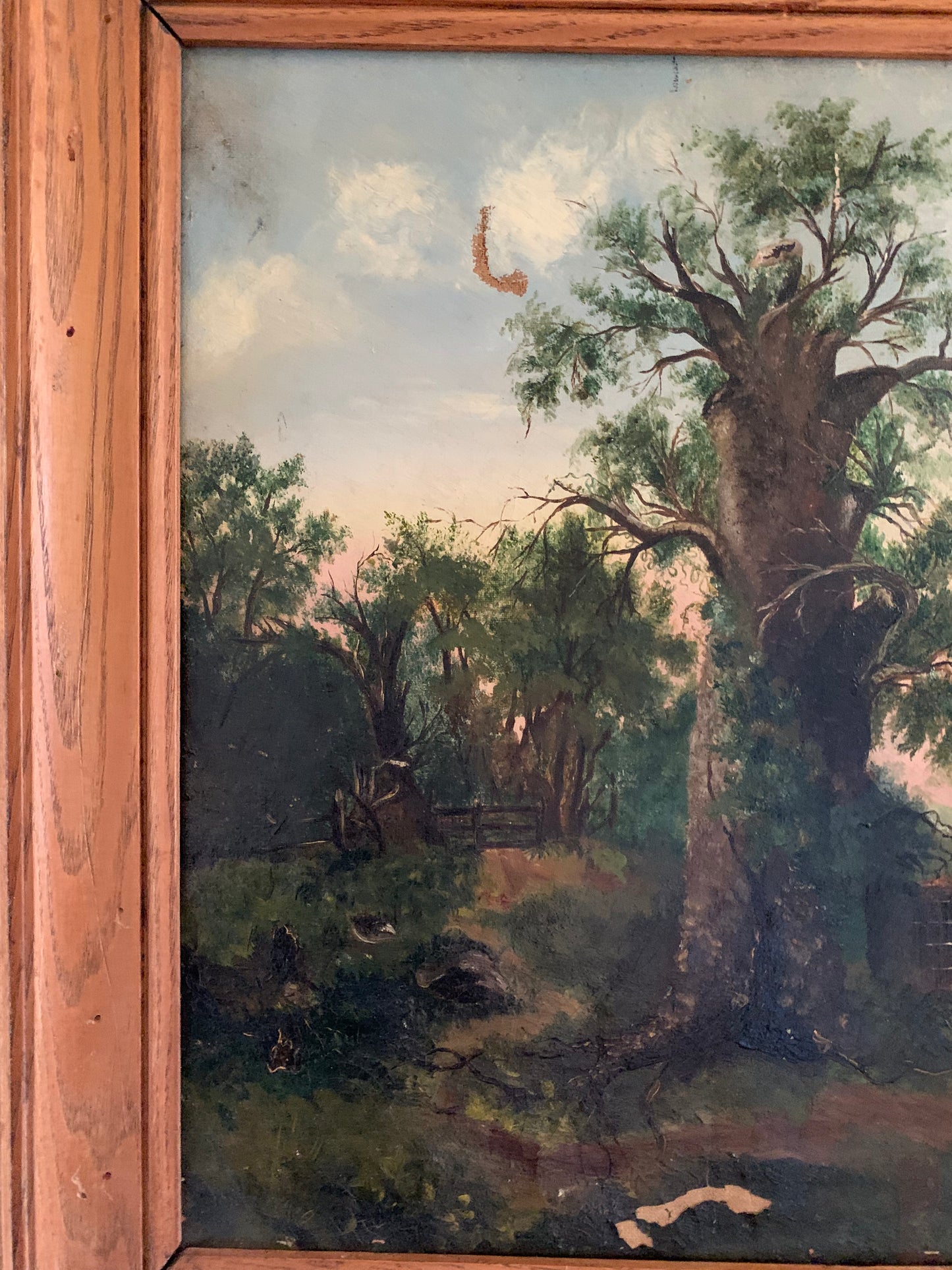 Large antique landscape painting on canvas in frame