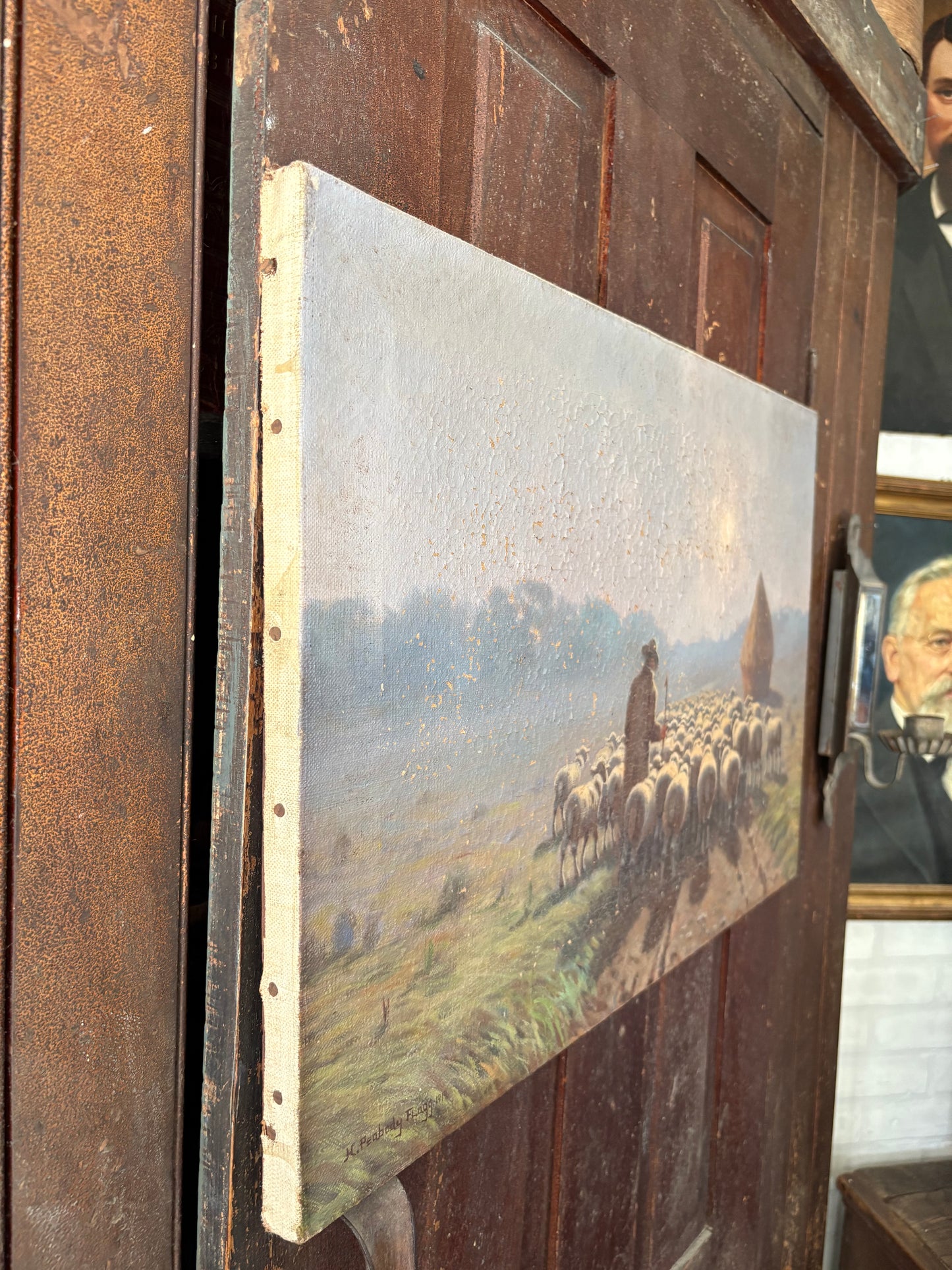 Antique signed 1919 sheep painting