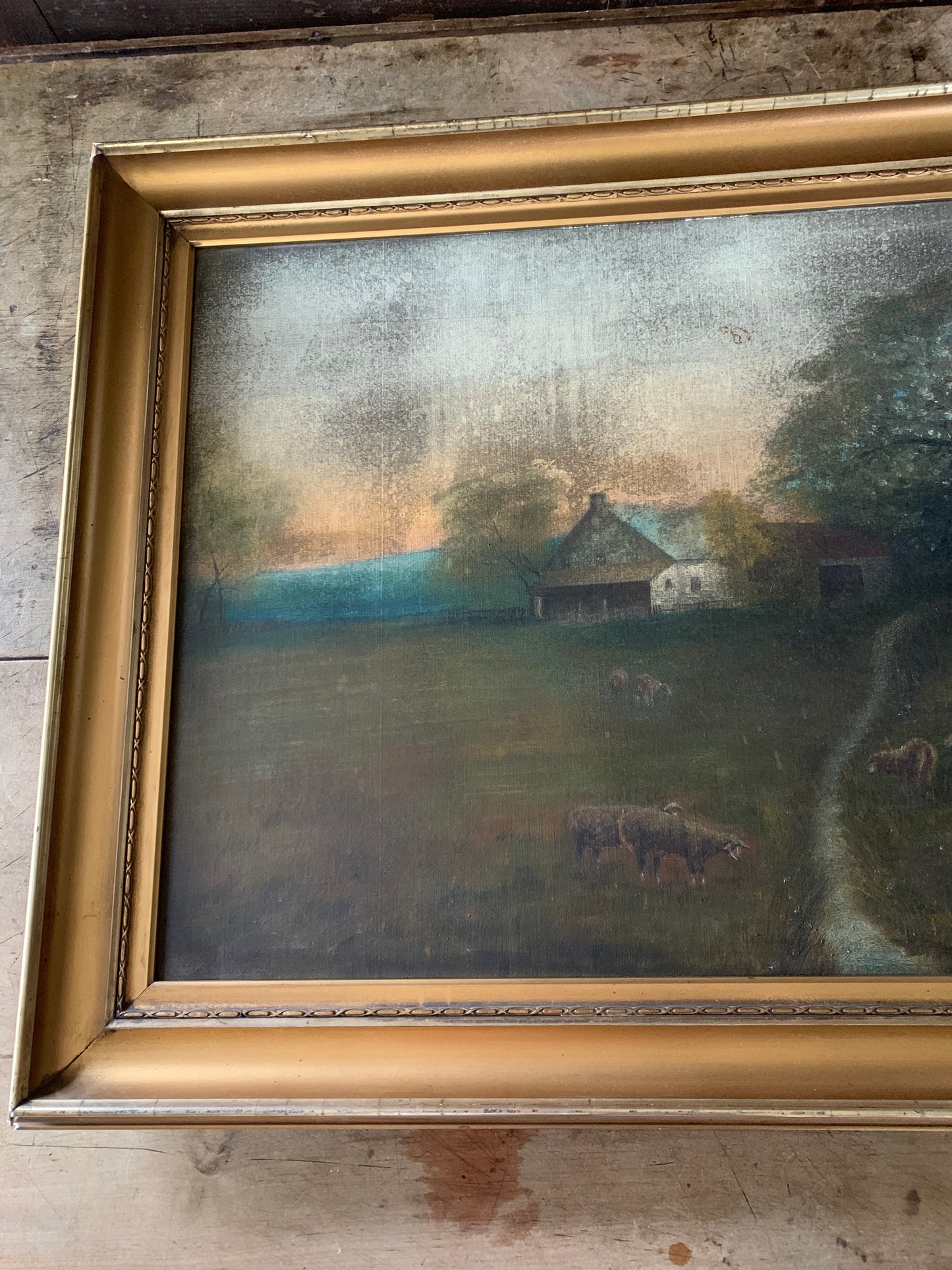 Antique large landscape oil painting on canvas| dog & sheep in pasture