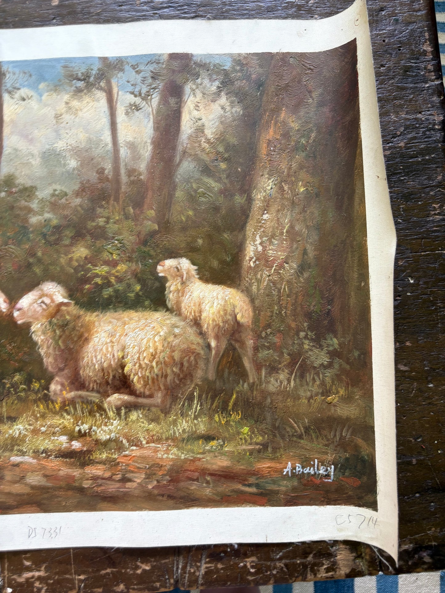 Vintage oil sheep painting on canvas