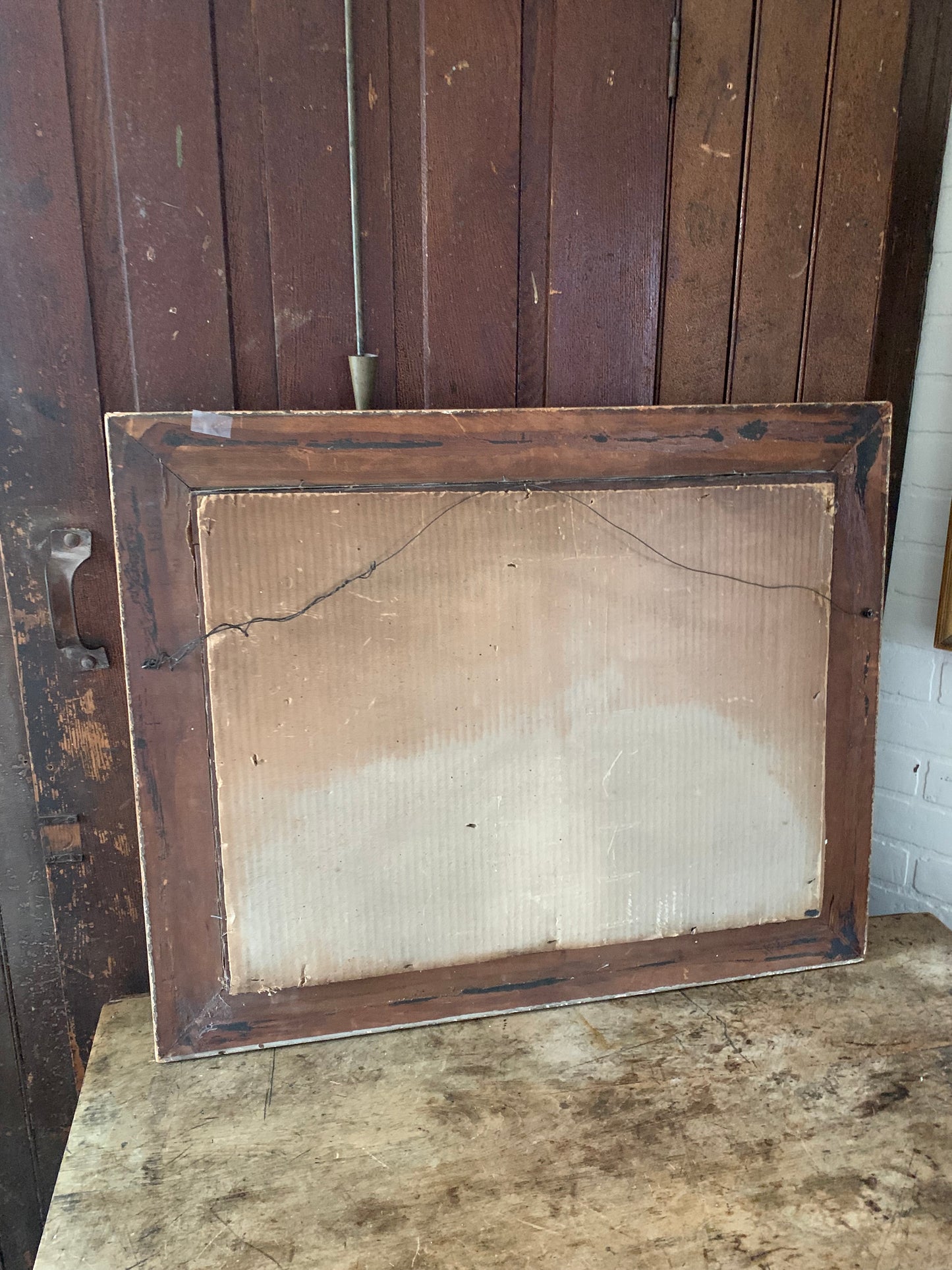 Antique large landscape oil painting on canvas| dog & sheep in pasture