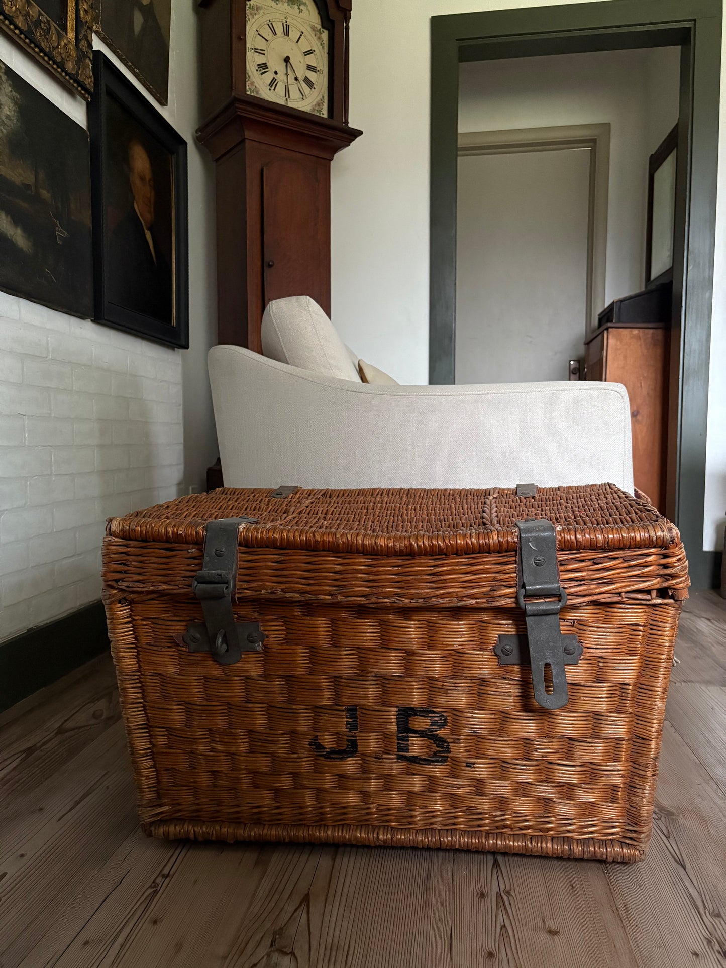 Antique French railway wicker trunk with initials JB | metal latches