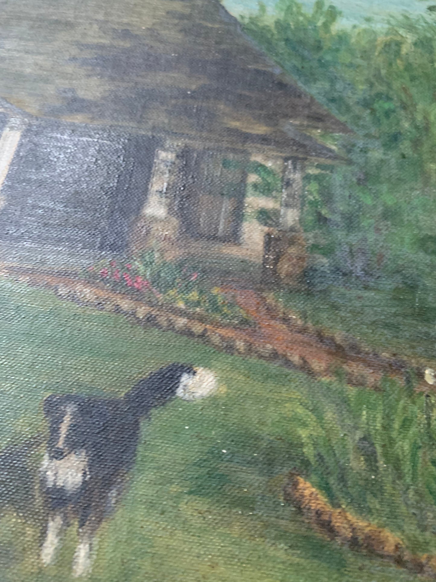 Vintage rural landscape oil painting on board of home and dog