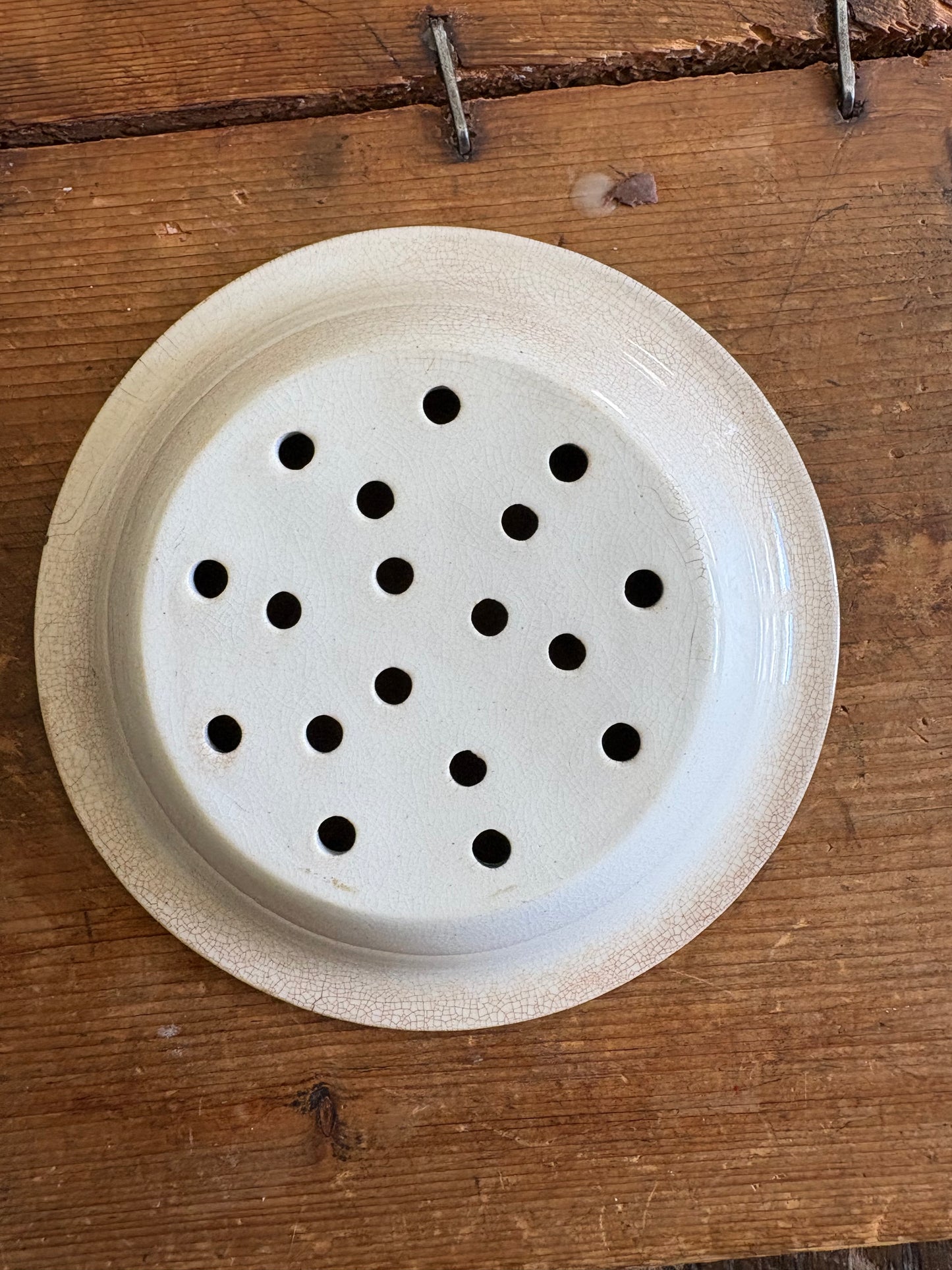 Antique ironstone dairy soap strainer