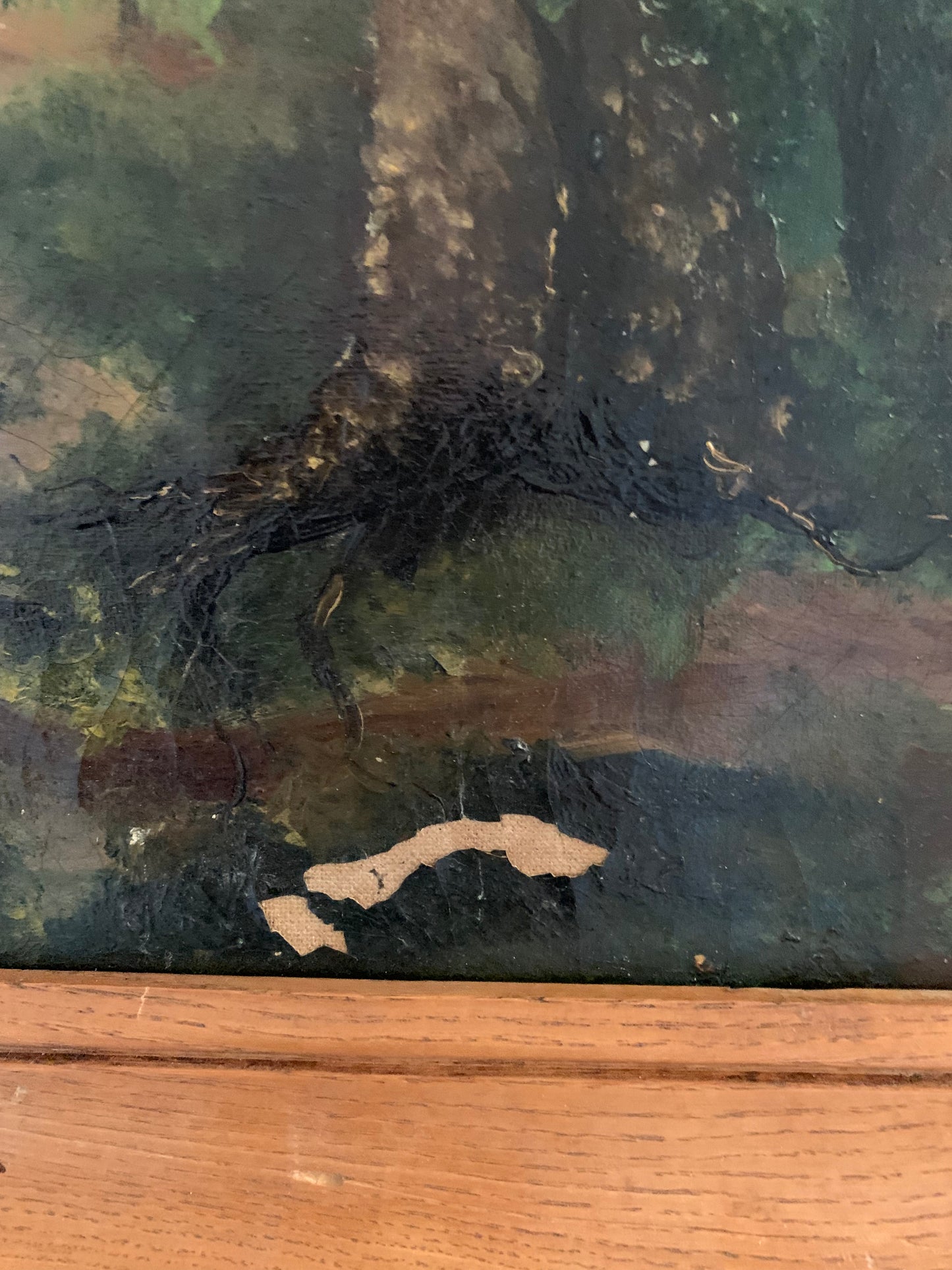 Large antique landscape painting on canvas in frame