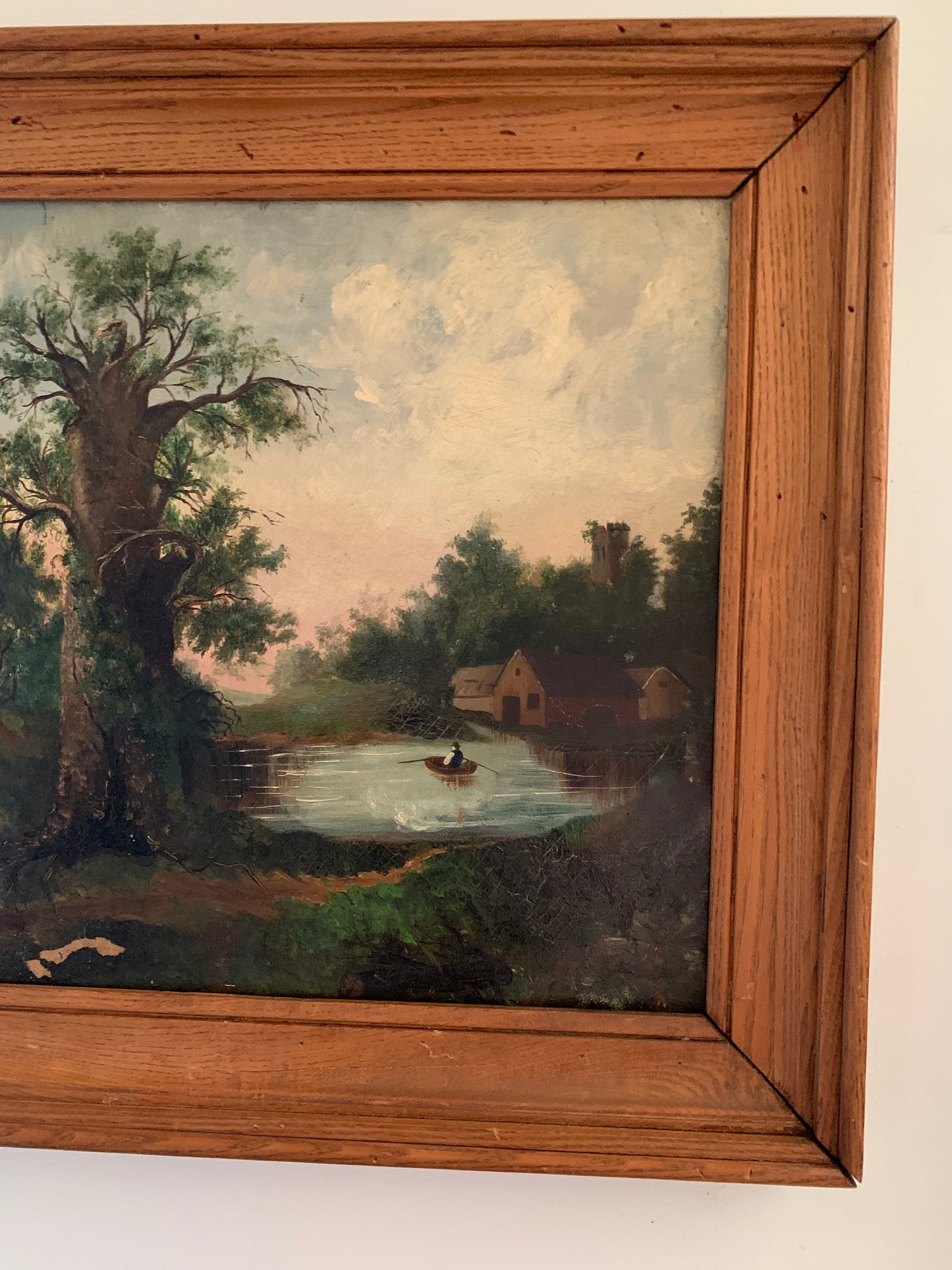 Large antique landscape painting on canvas in frame