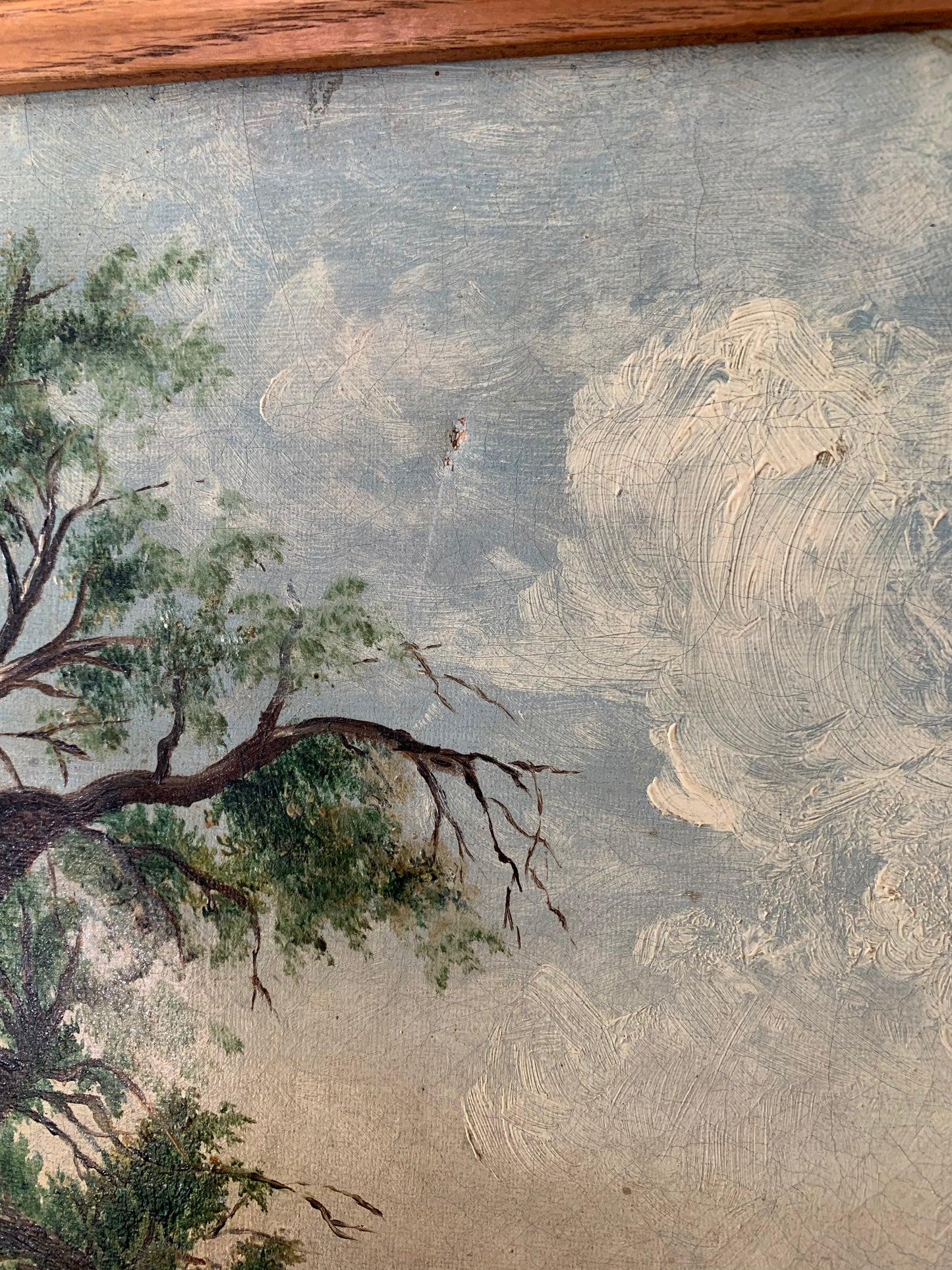 Large antique landscape painting on canvas in frame