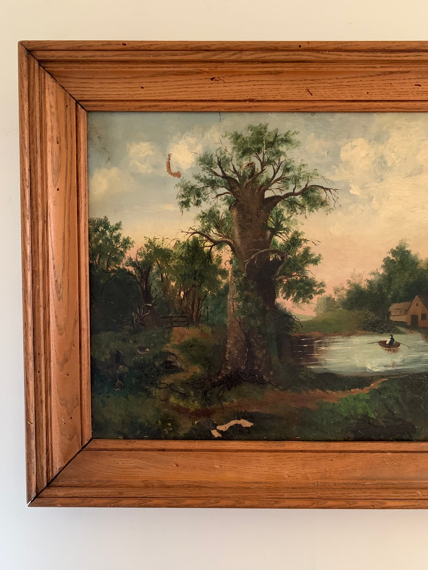 Large antique landscape painting on canvas in frame