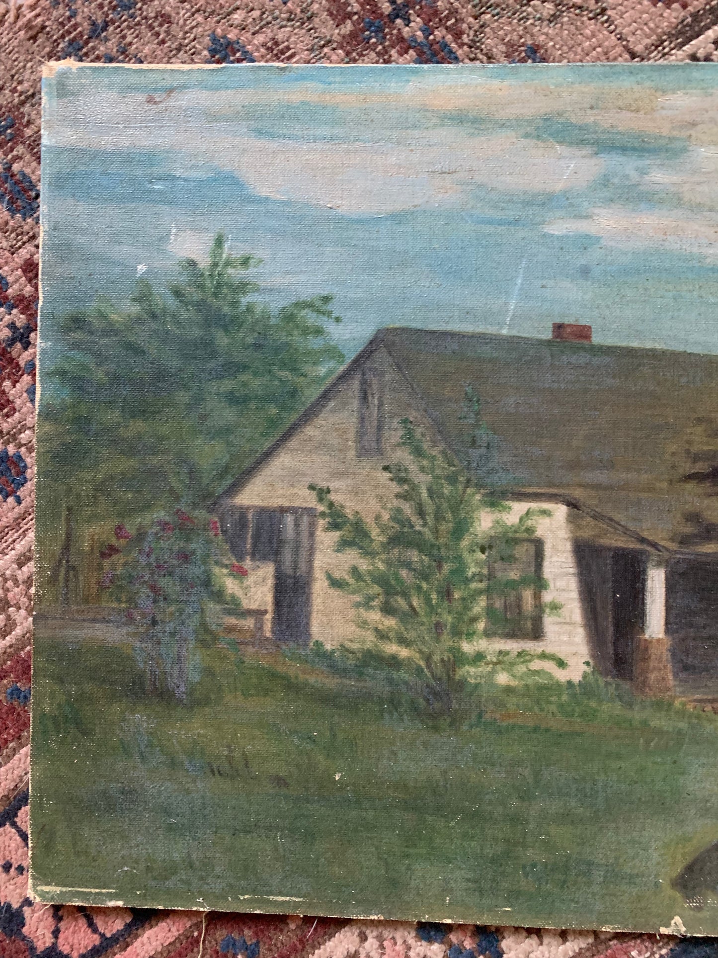 Vintage rural landscape oil painting on board of home and dog