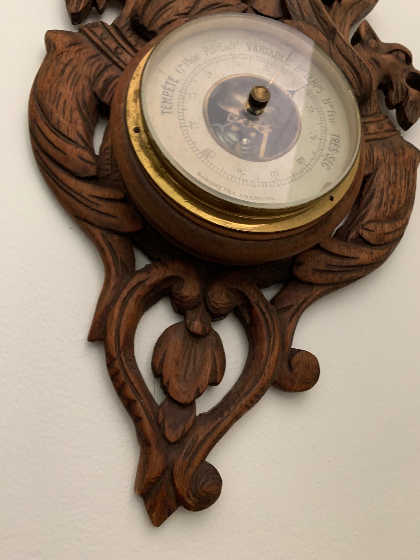 Antique French hand carved wood barometer