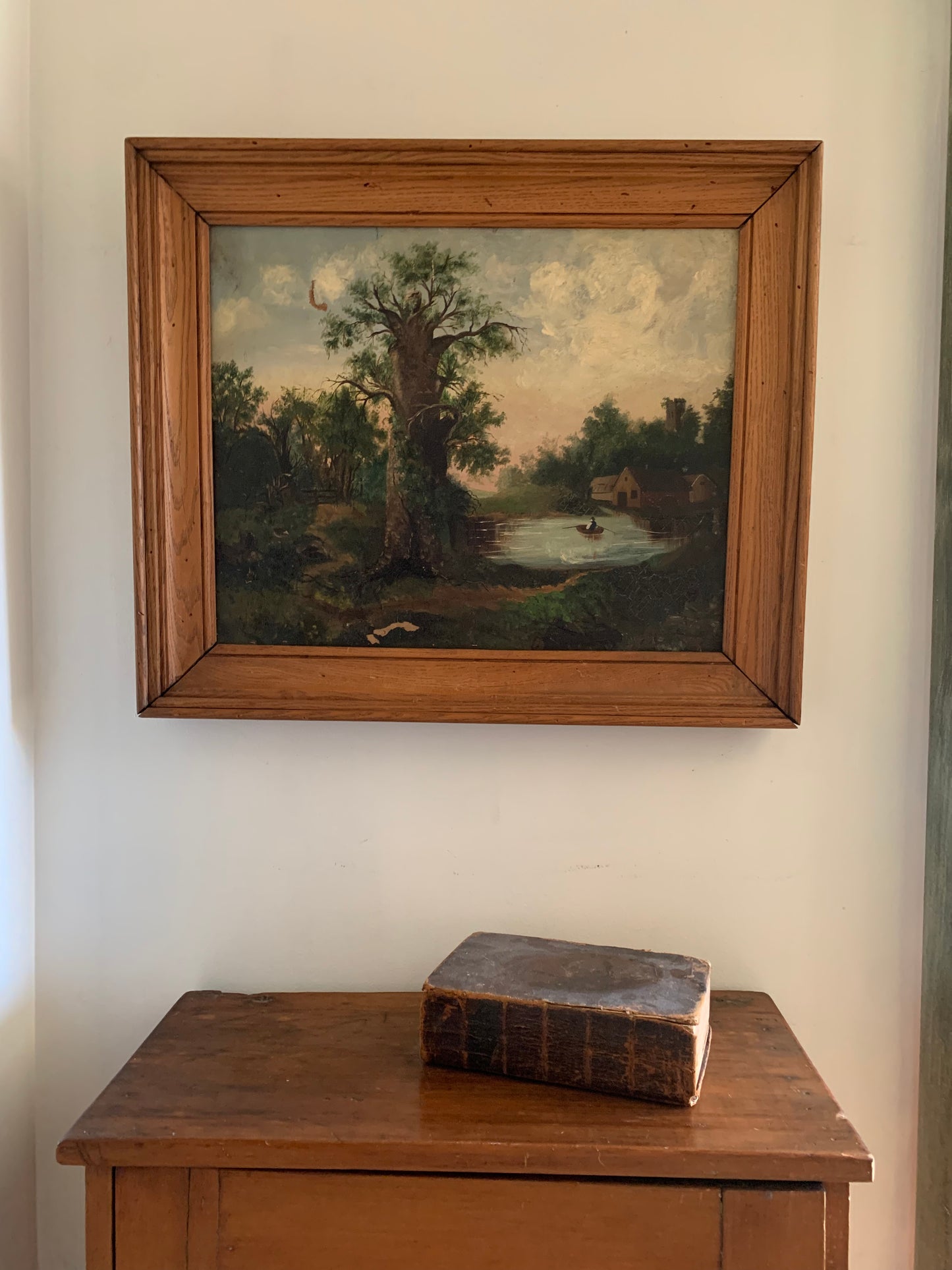 Large antique landscape painting on canvas in frame