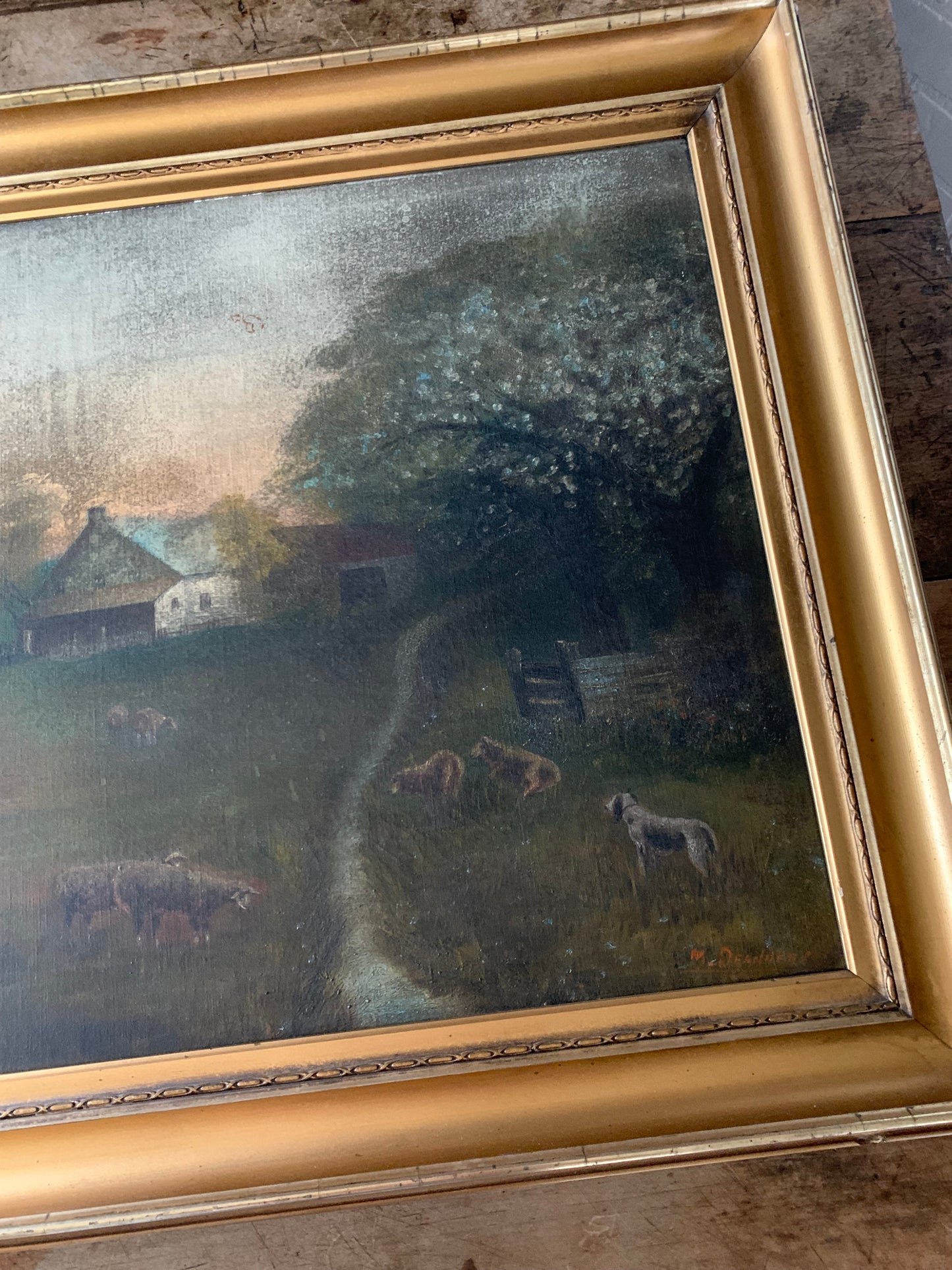 Antique large landscape oil painting on canvas| dog & sheep in pasture