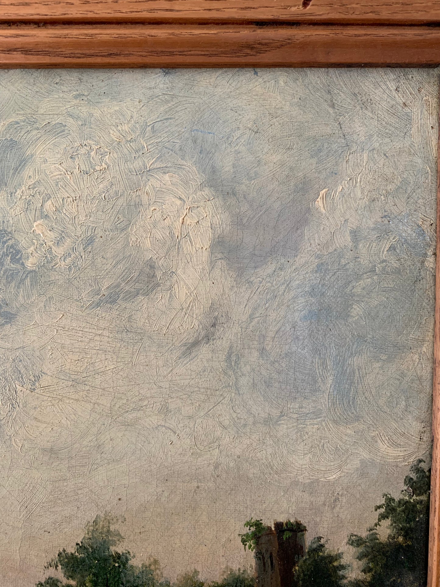 Large antique landscape painting on canvas in frame