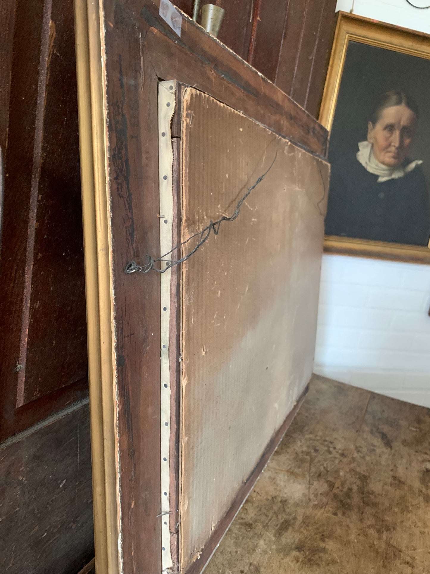 Antique large landscape oil painting on canvas| dog & sheep in pasture