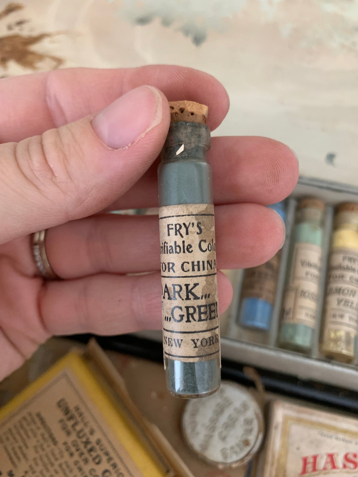Antique full Artist box | black metal | glass bottle pigments with corks
