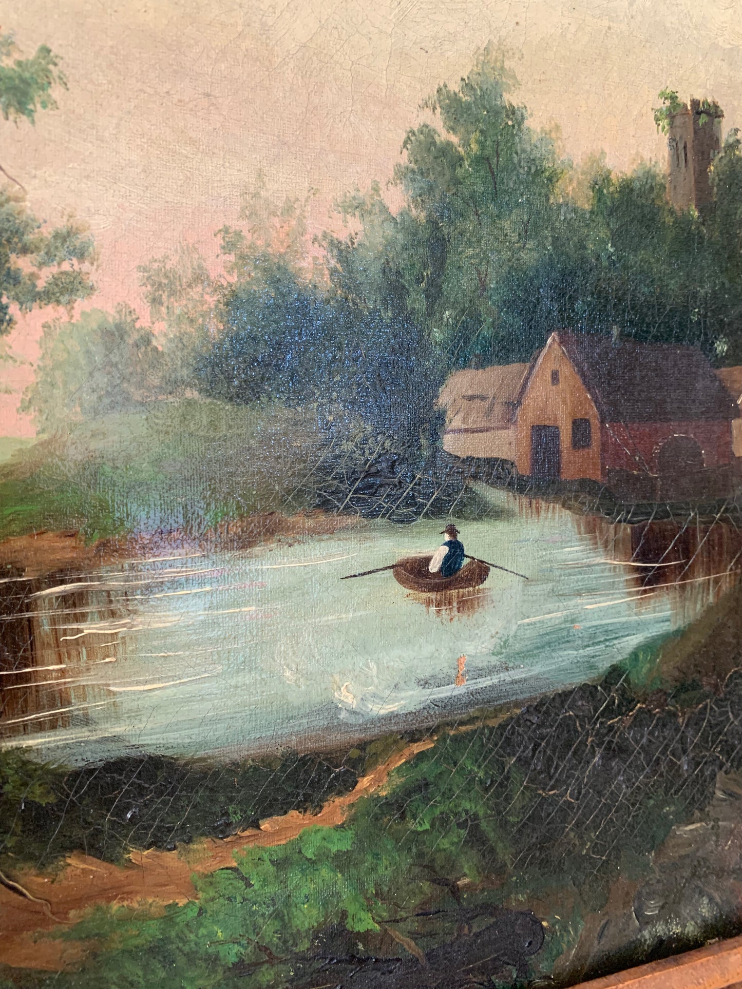 Large antique landscape painting on canvas in frame