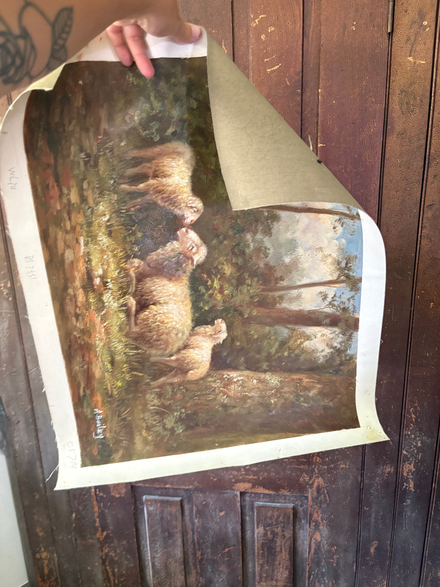Vintage oil sheep painting on canvas