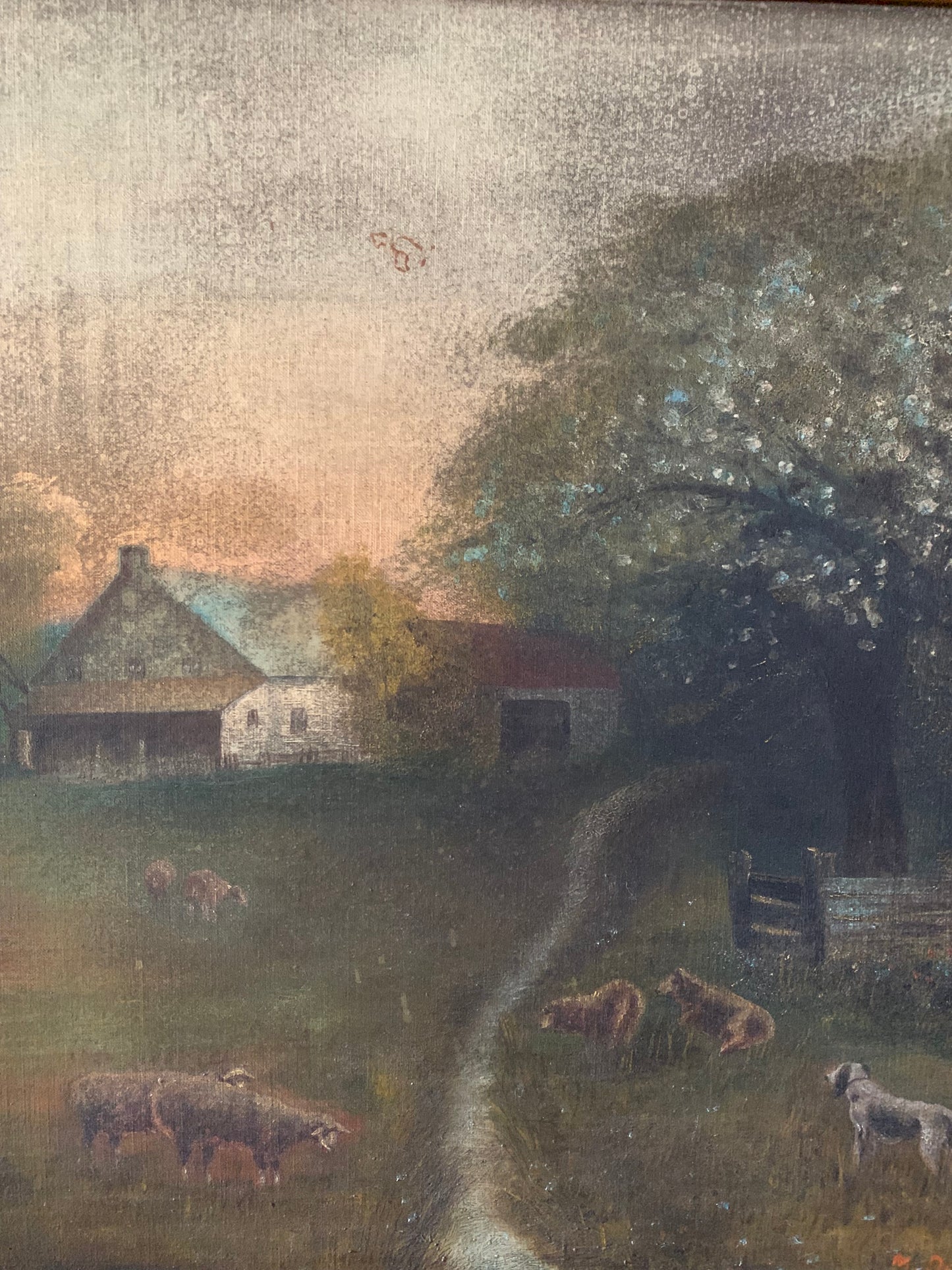 Antique large landscape oil painting on canvas| dog & sheep in pasture