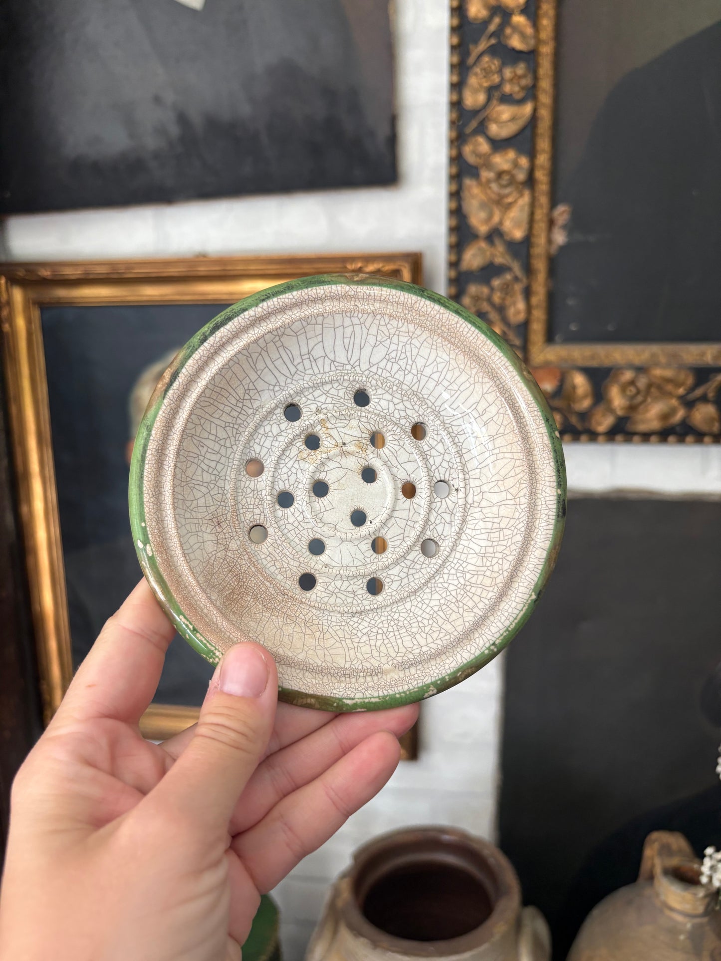 Antique ironstone dairy soap strainer