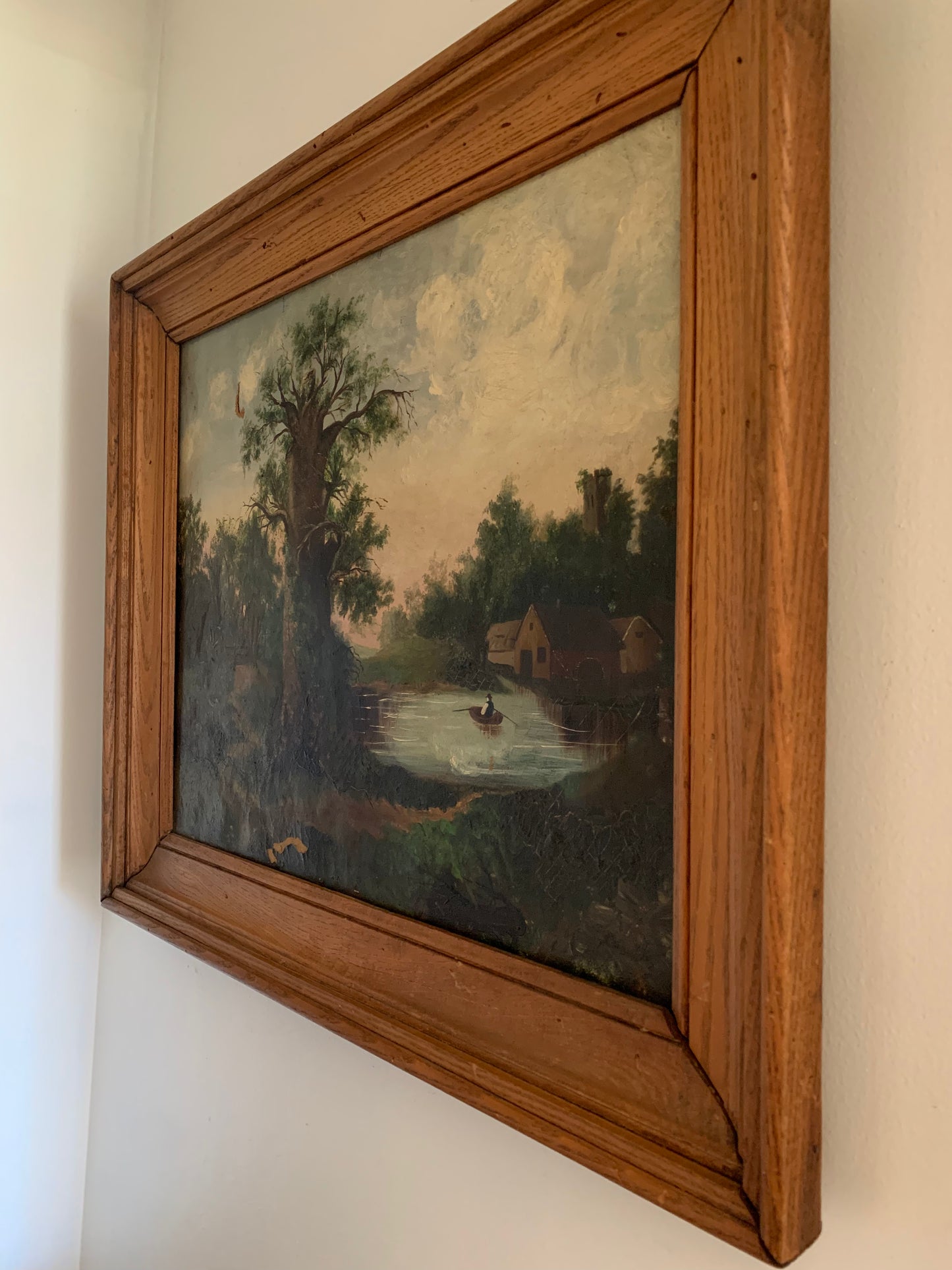 Large antique landscape painting on canvas in frame