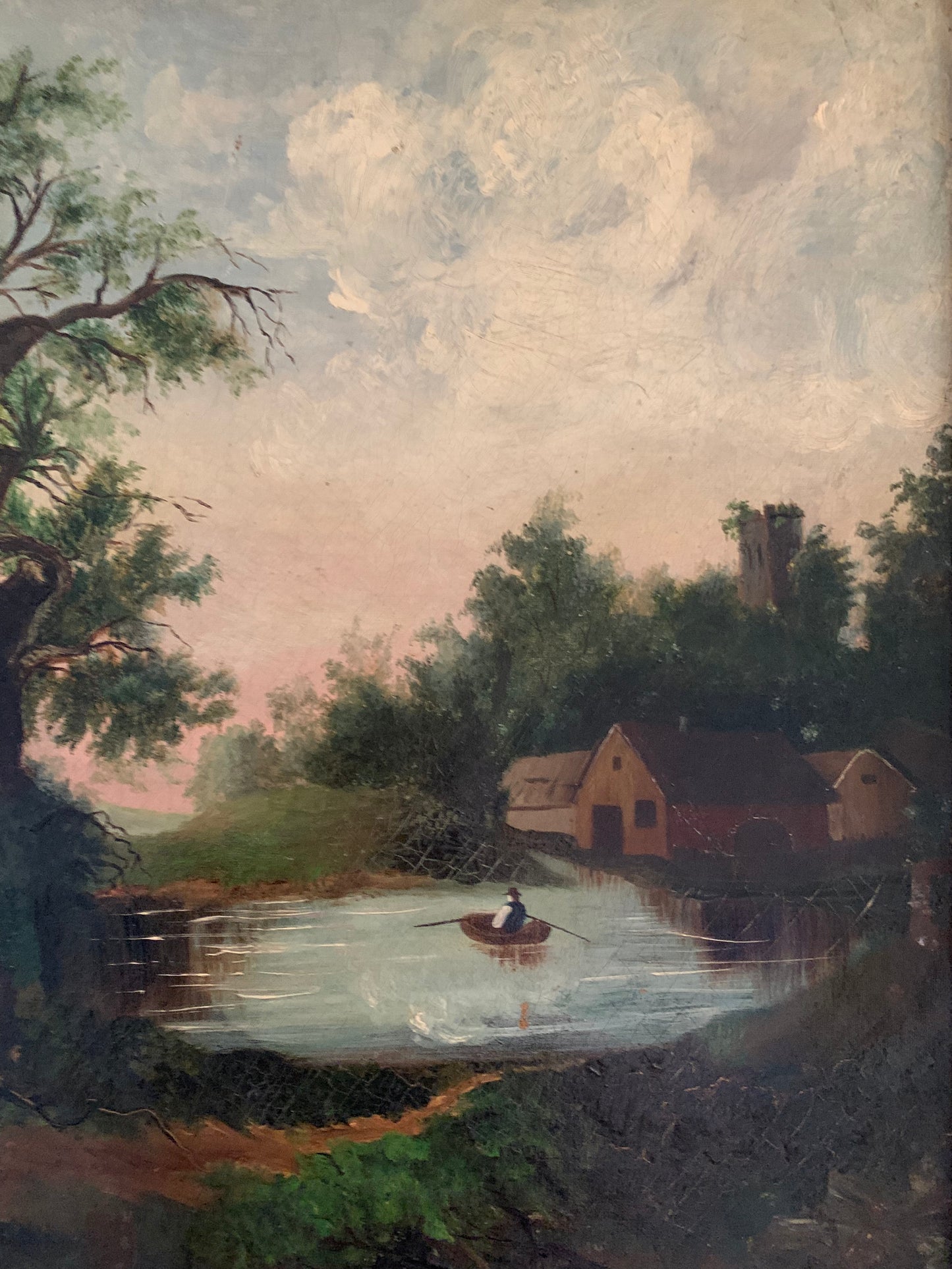 Large antique landscape painting on canvas in frame