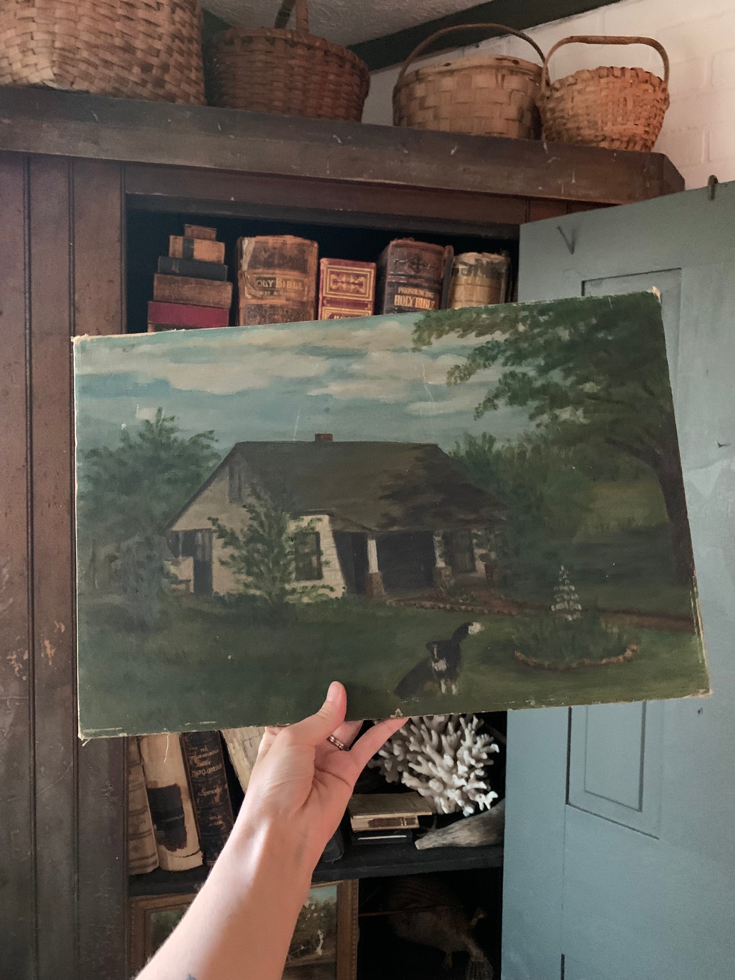 Vintage rural landscape oil painting on board of home and dog