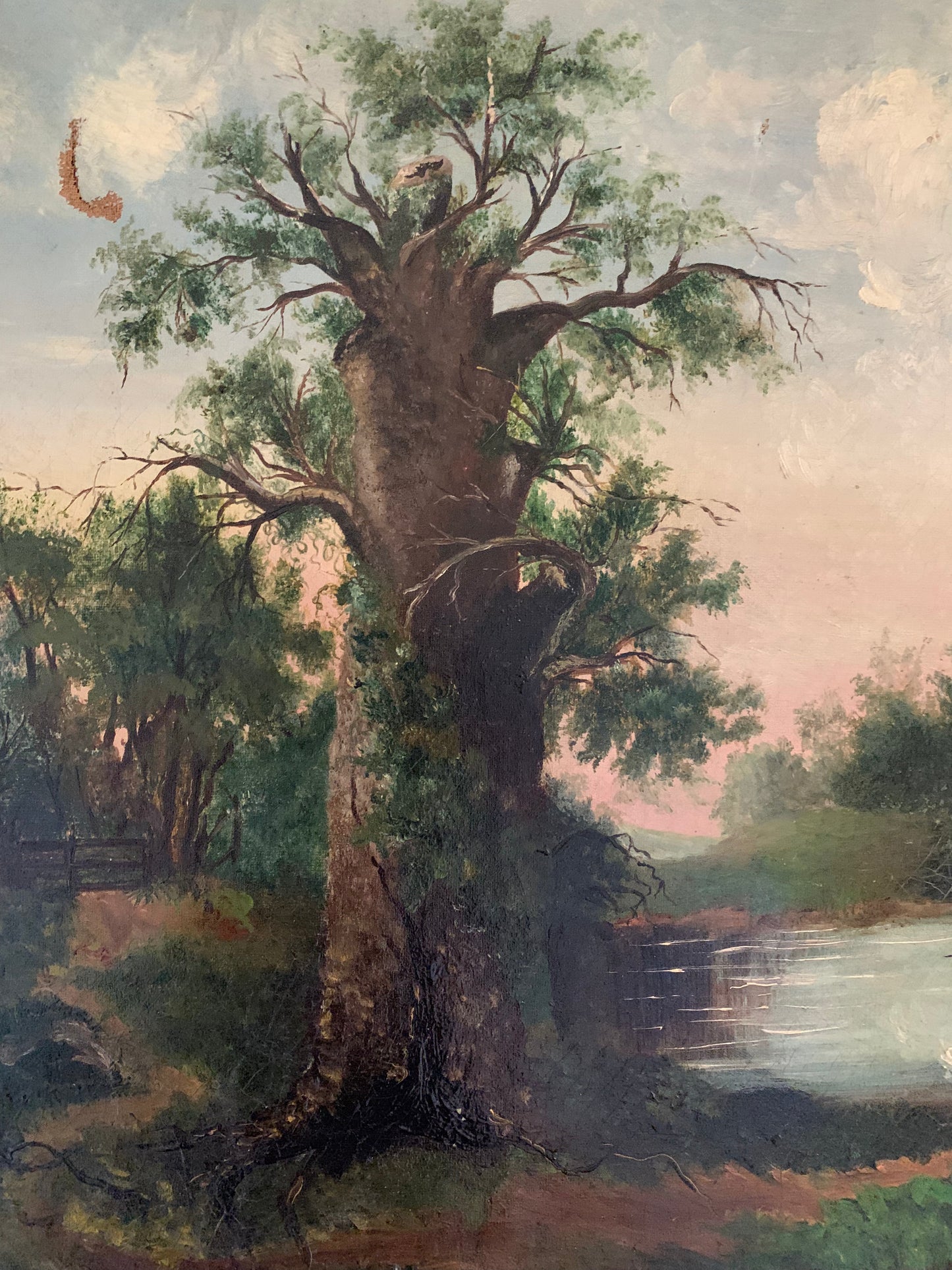 Large antique landscape painting on canvas in frame