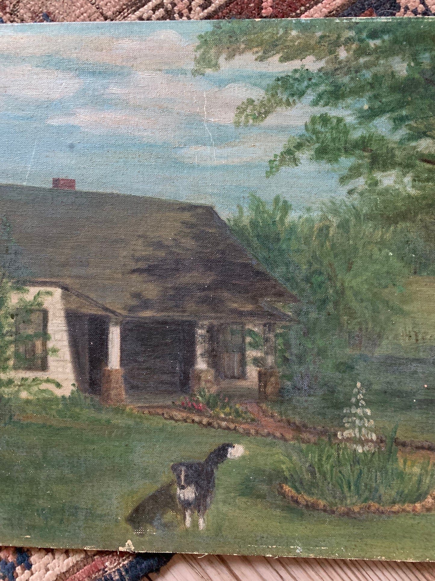 Vintage rural landscape oil painting on board of home and dog