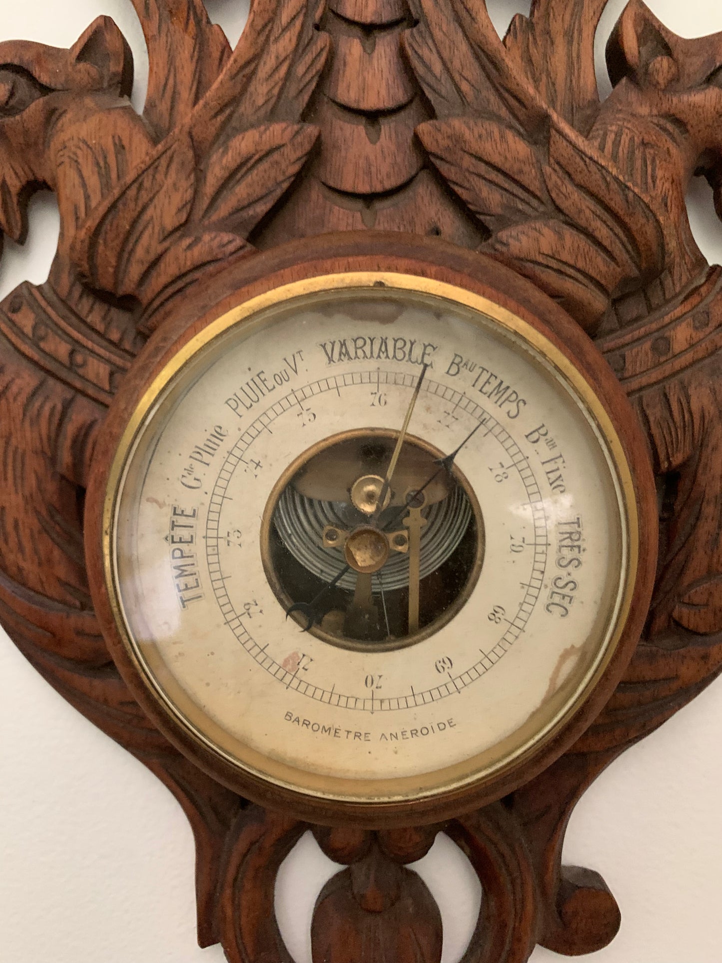 Antique French hand carved wood barometer