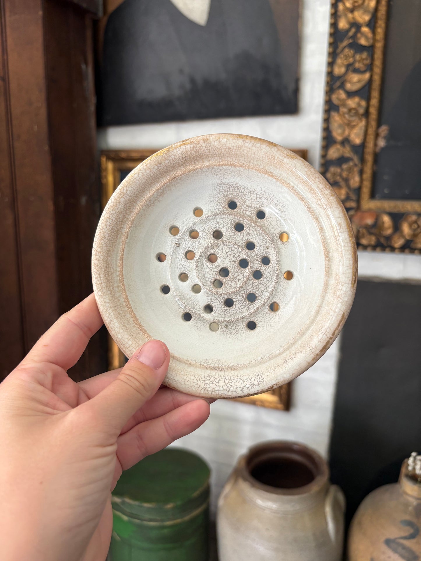 Antique ironstone dairy soap strainer