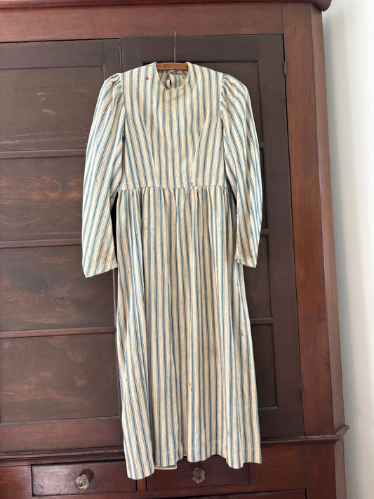 Antique primitive dress apron | blue stripe ticking