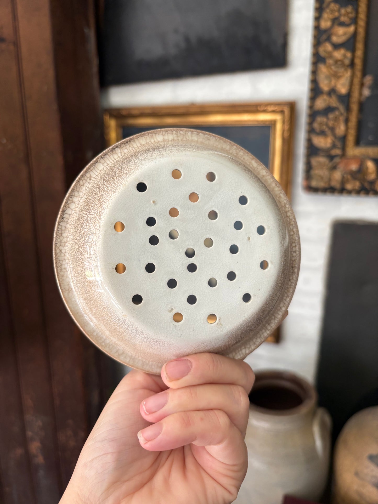 Antique ironstone dairy soap strainer