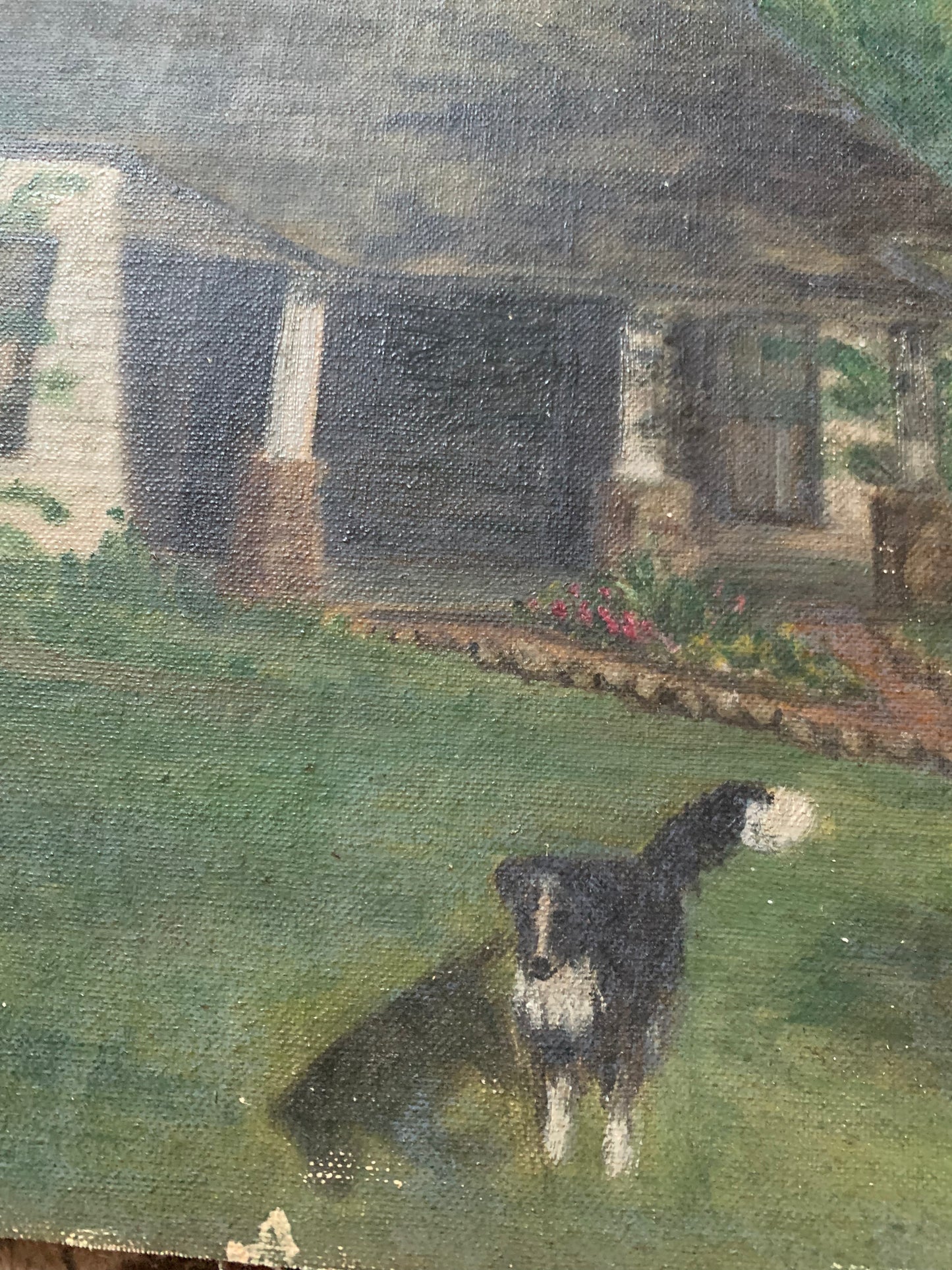Vintage rural landscape oil painting on board of home and dog