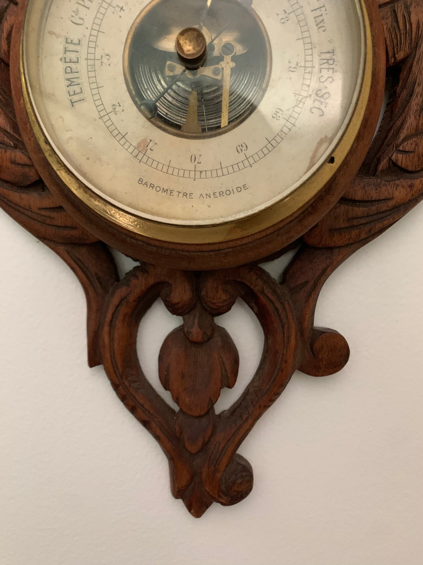 Antique French hand carved wood barometer