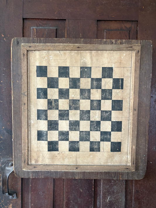 Antique Early Primitive Wood Folk Art Paper Cover Checkerboard